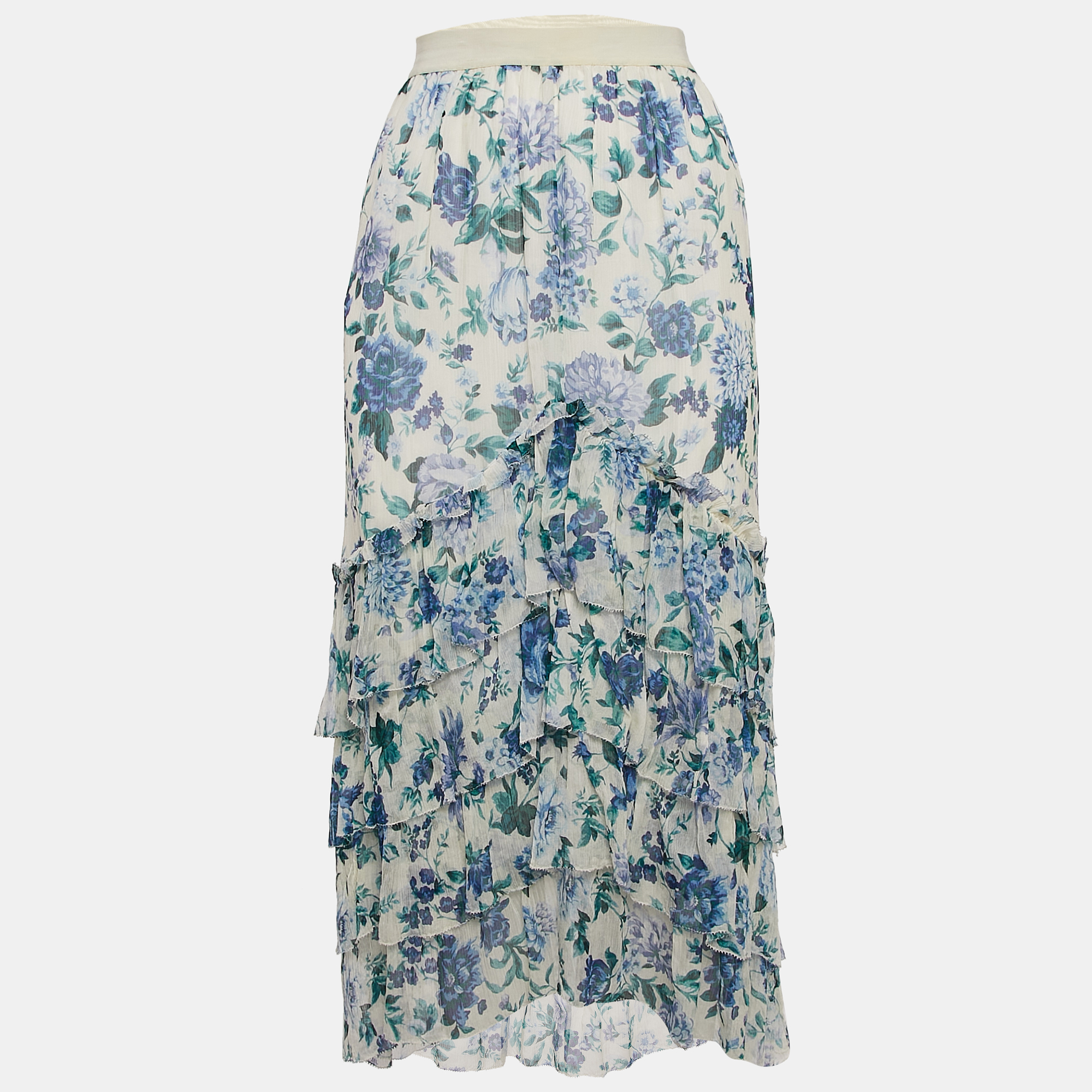 

Zimmermann White Floral Print Ruffled Asymmetric Moncure Maxi Skirt M