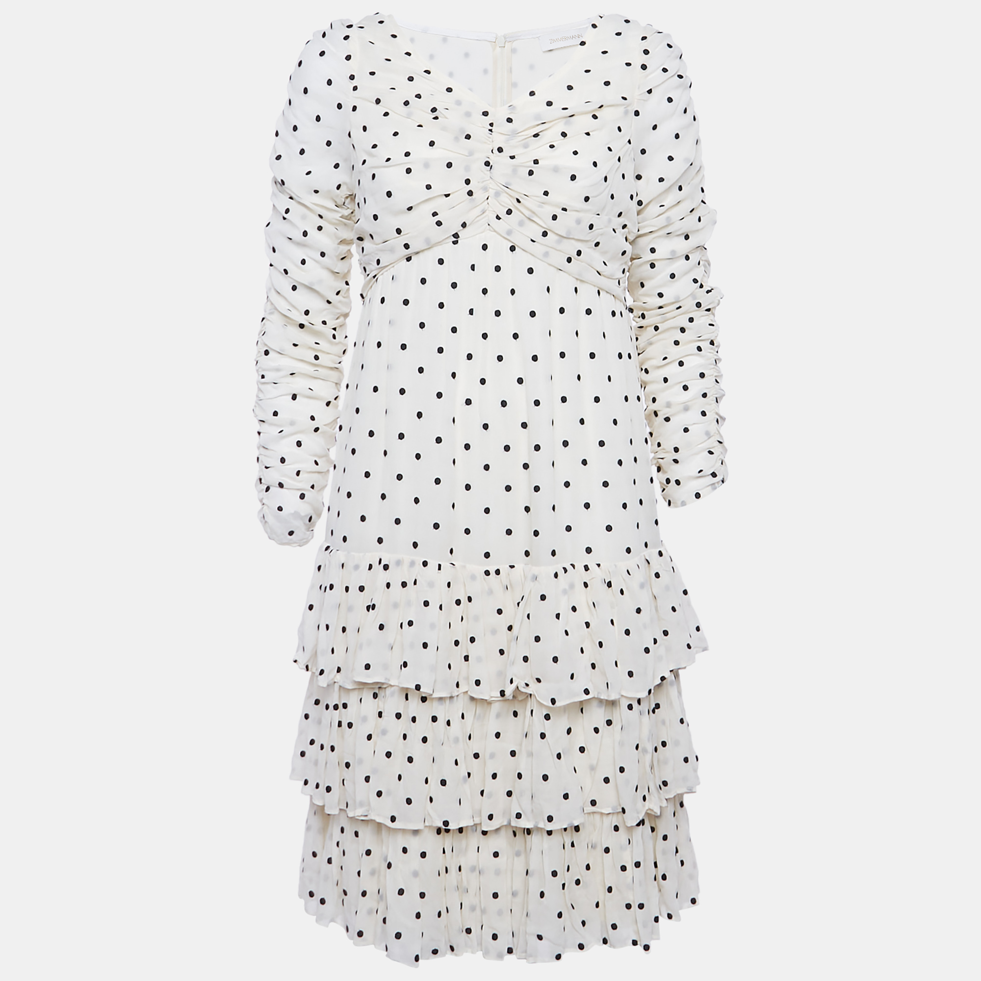 

Zimmermann Off-White Swiss Dot Crepe Ruched Short Dress M