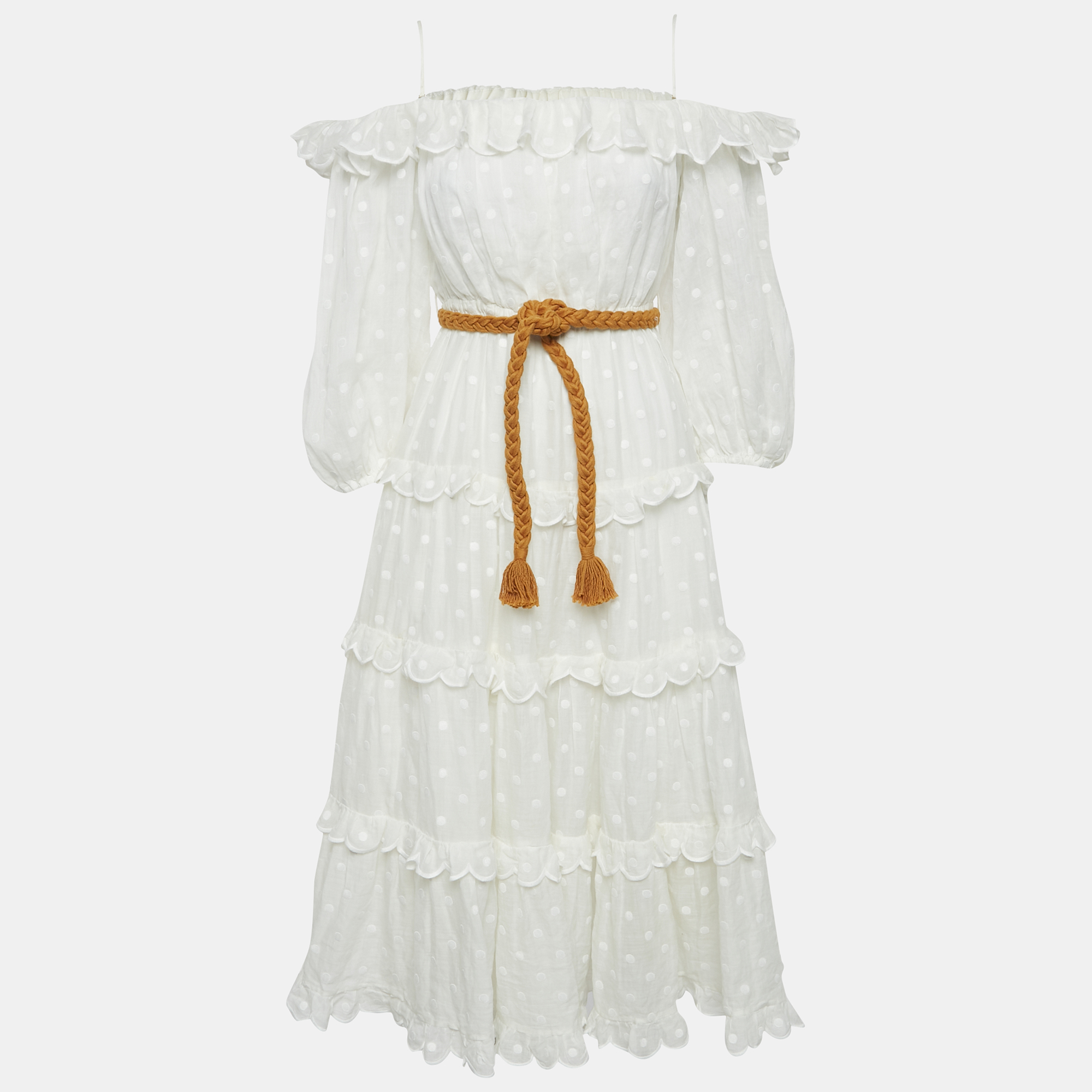 

Zimmermann White Polka Dot Ramie Tiered Midi Dress M
