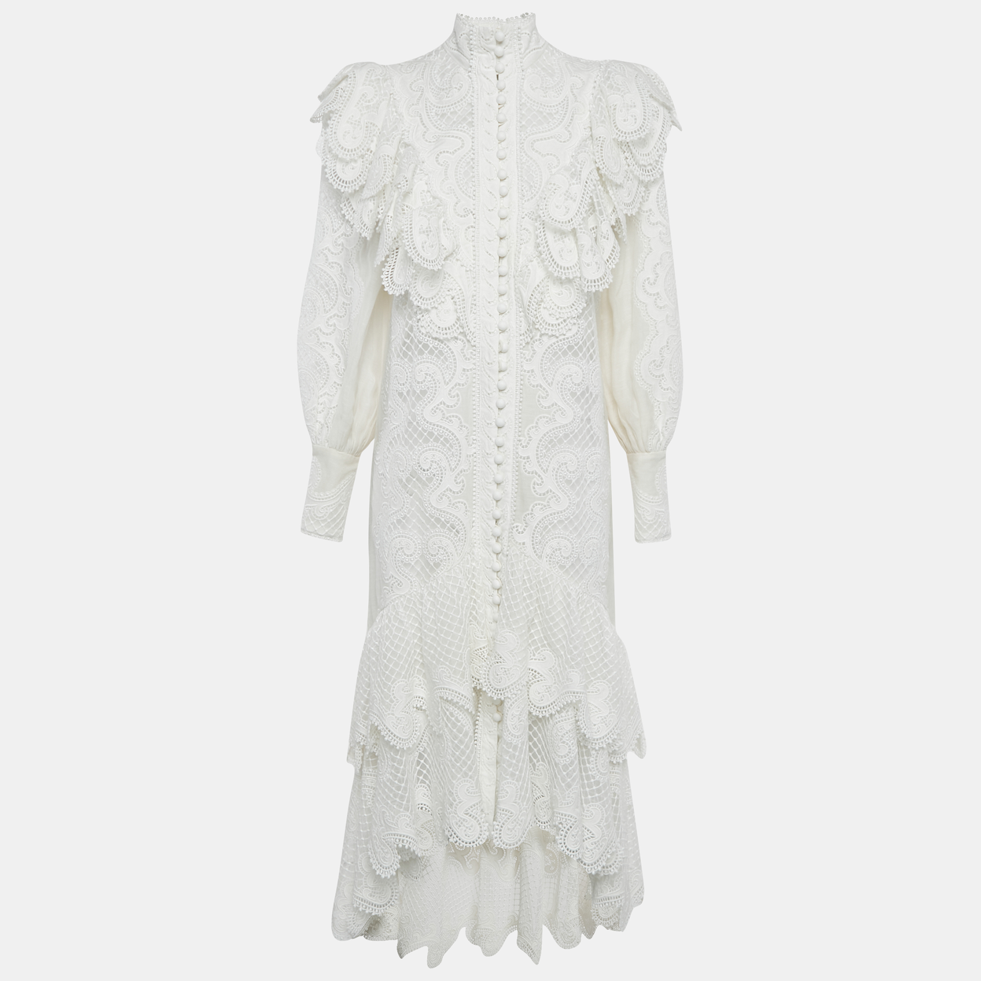 

Zimmermann White Wave Lace Linen Tiered Midi Dress M