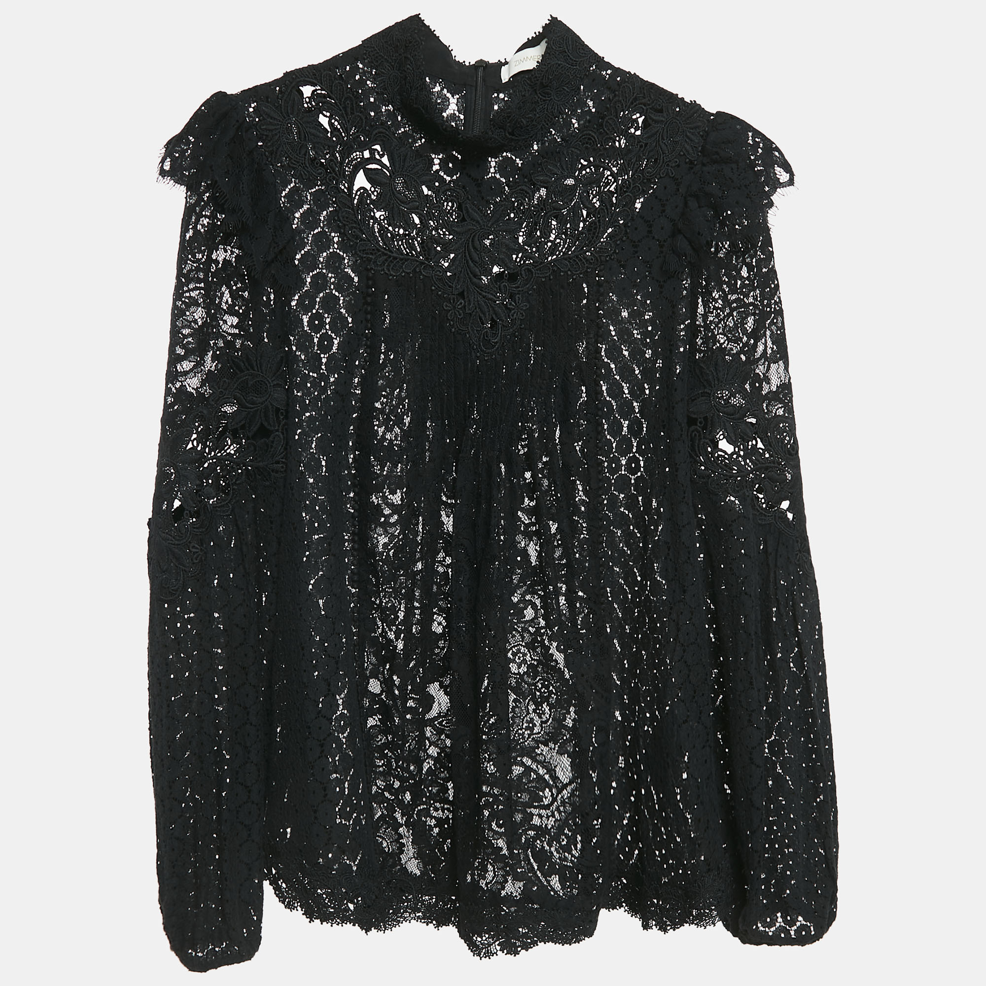 

Zimmermann Black Lace Pleated High Neck Blouse M