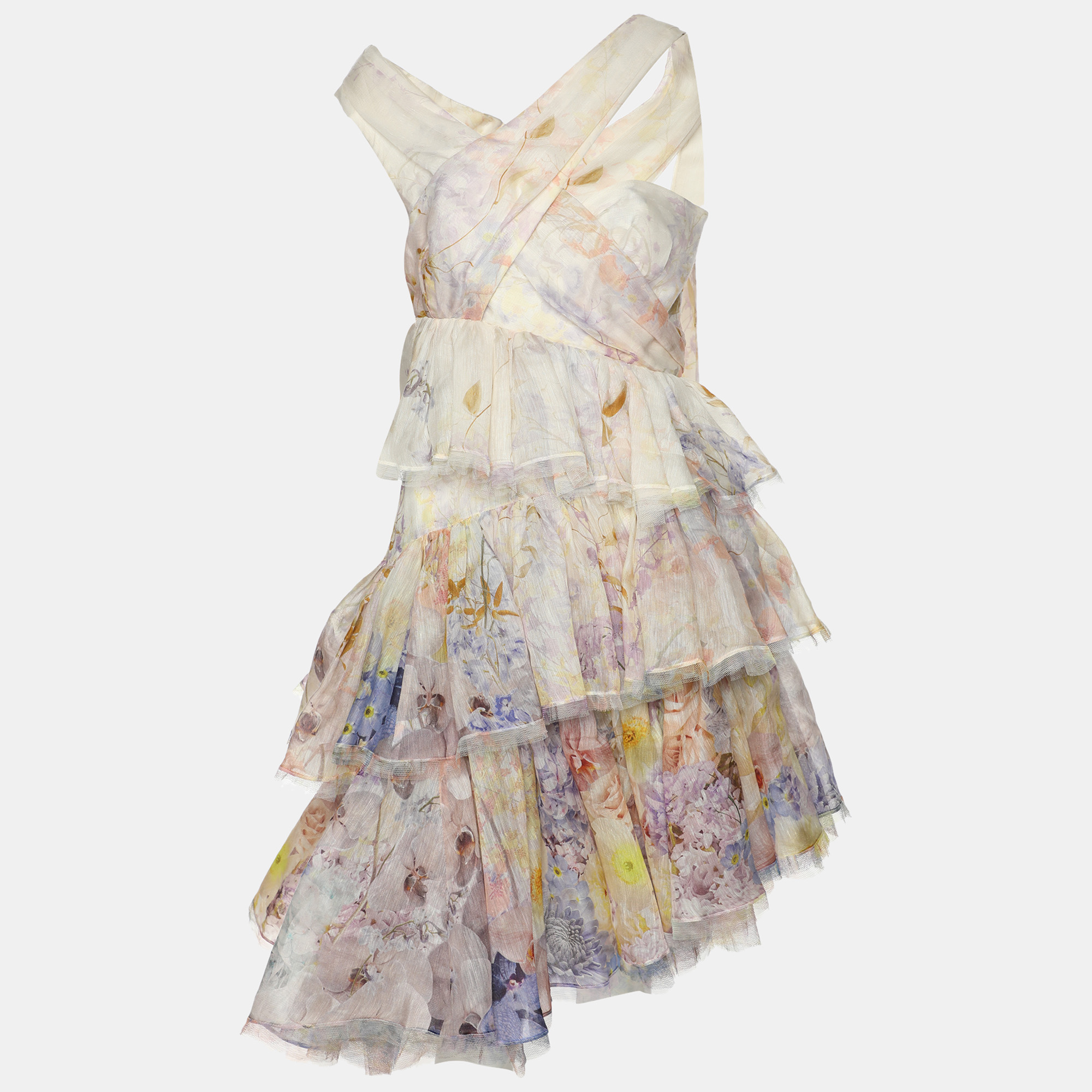 Pre-owned Zimmermann Zimmerman Multicolor Silk Blend Rhythmic Asymmetric Tiered Ruffle Mini Dress Xs