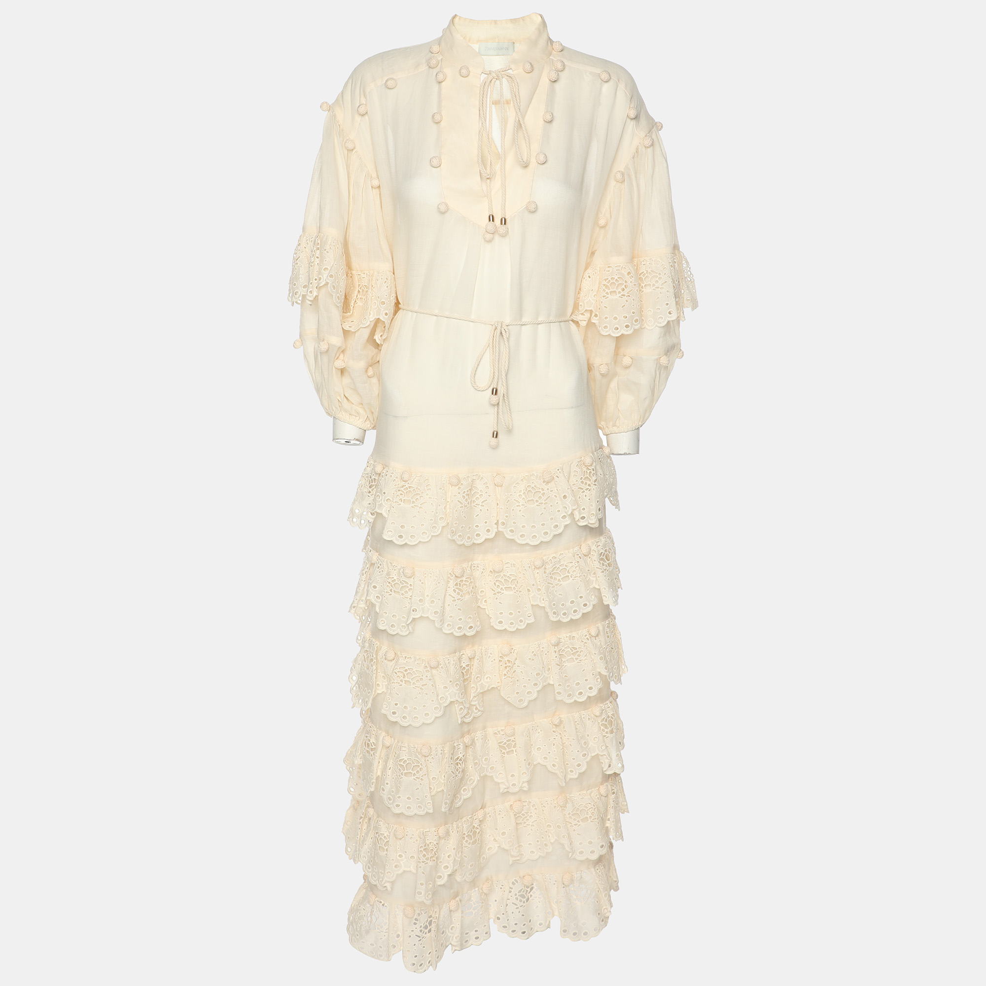 

Zimmermann Cream Ramie Lyre Trim Midi Dress XS