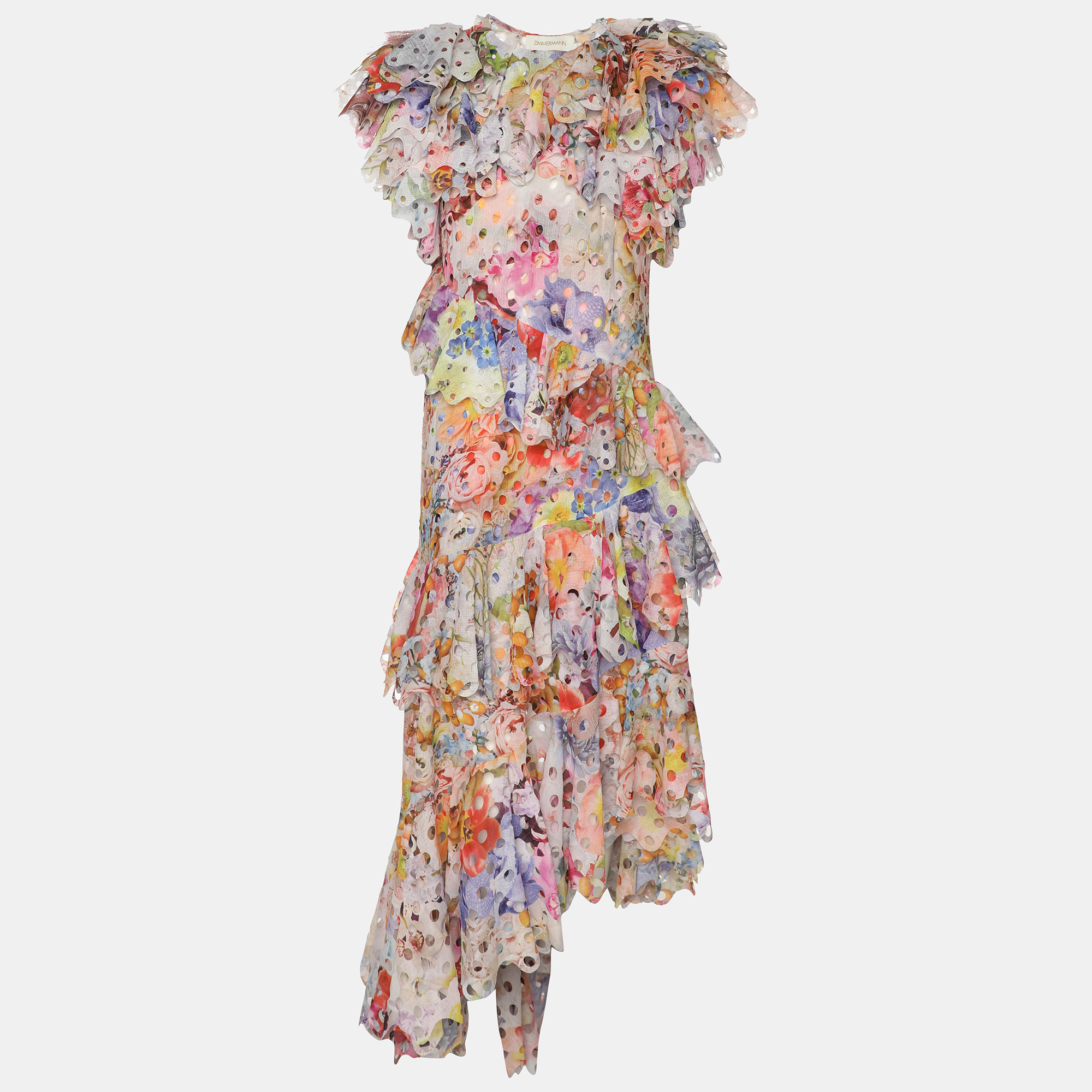 Pre-owned Zimmermann Multicolor Floral Print Laser-cut Gauze Frilled Prima Gown S