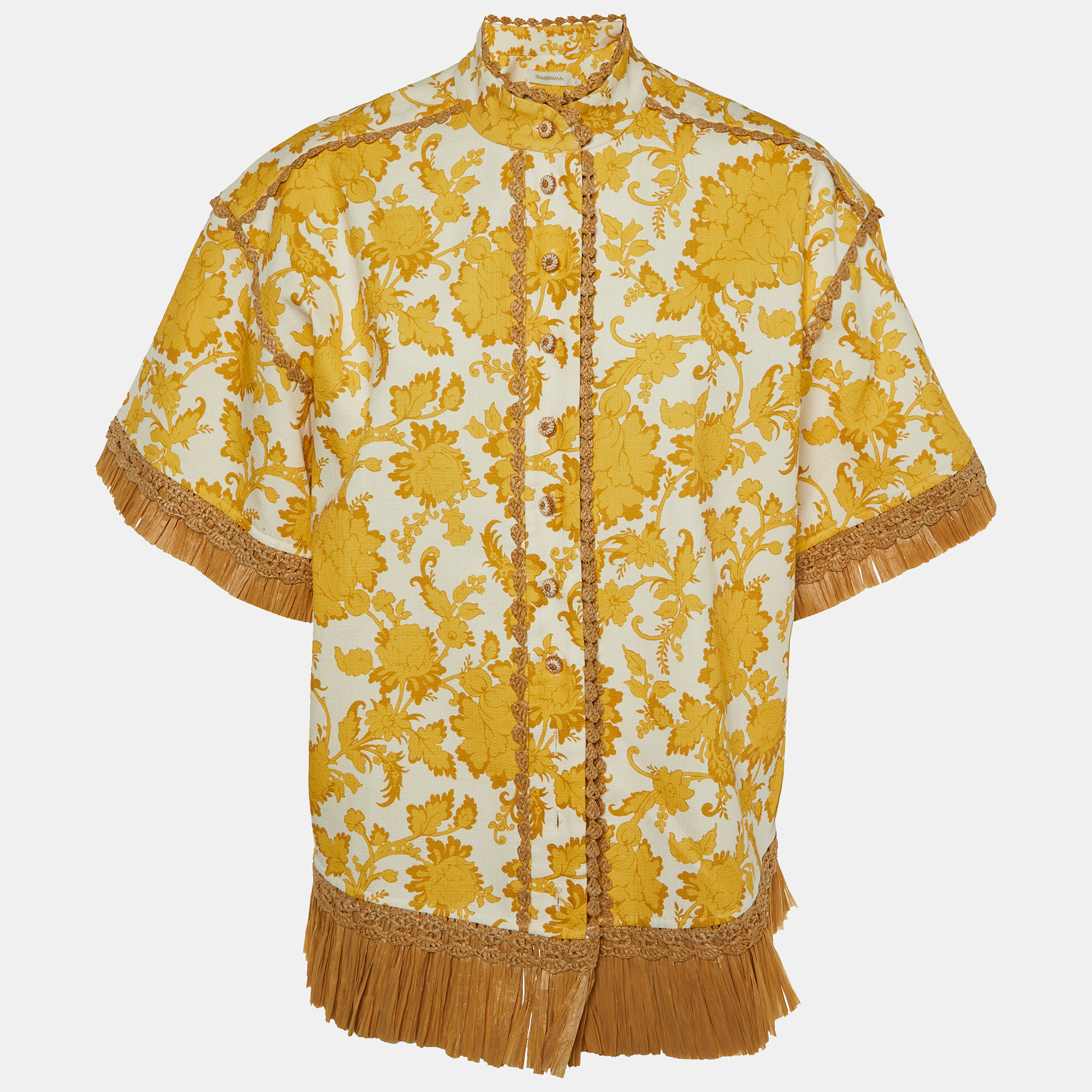

Zimmermann Yellow Floral Print Cotton Postcard Fringed Shirt S