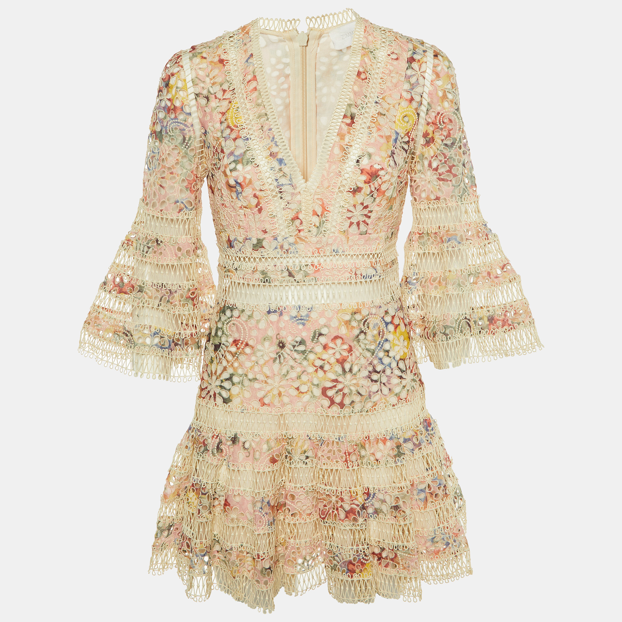 

Zimmermann Cream Printed Cotton & Lace Trim Mini Dress M