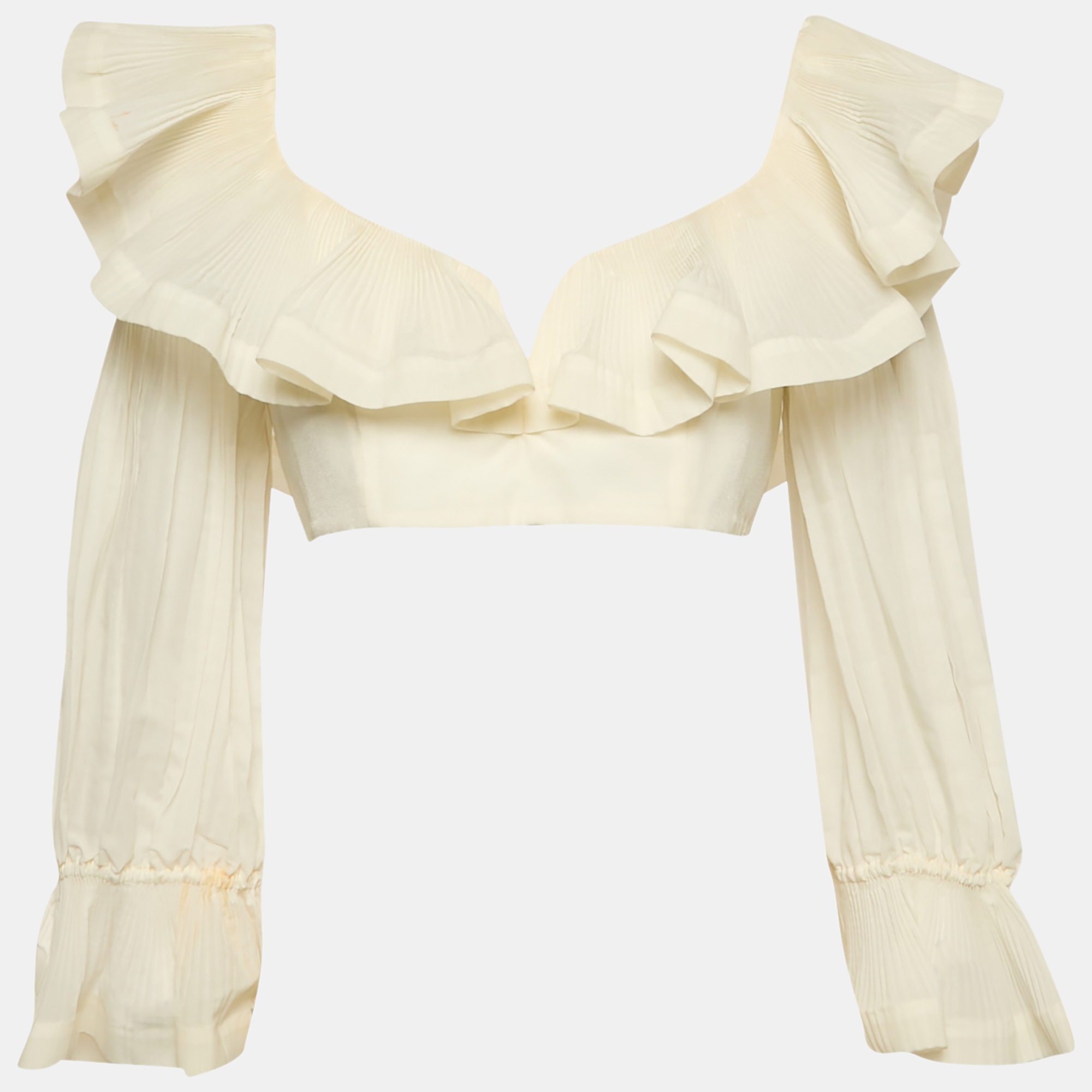 

Zimmermann White Crepe Ruffled The Lovestruck Crop Top L
