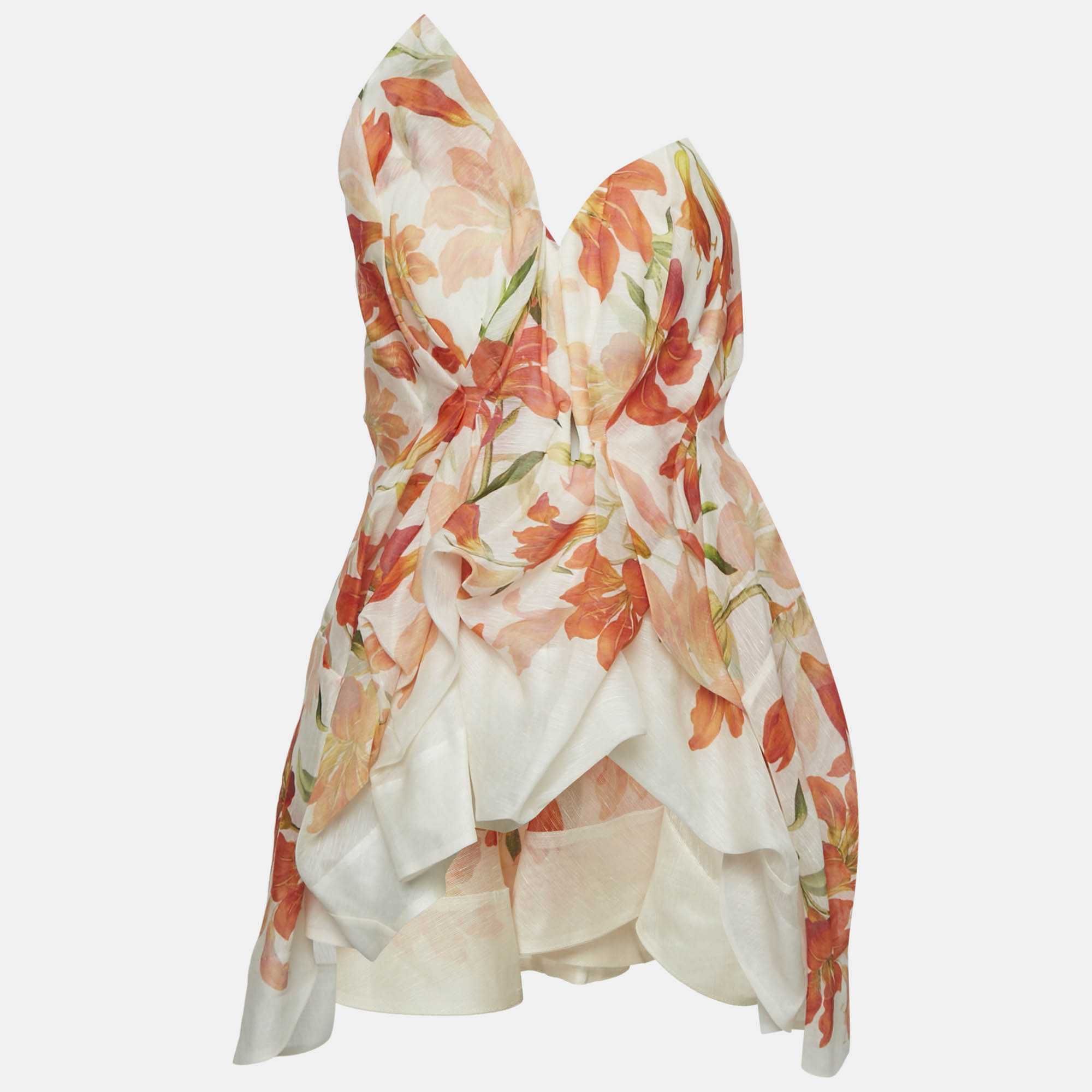 Pre-owned Zimmermann Orange Floral Print Linen Blend Tranquillity Draped Top M