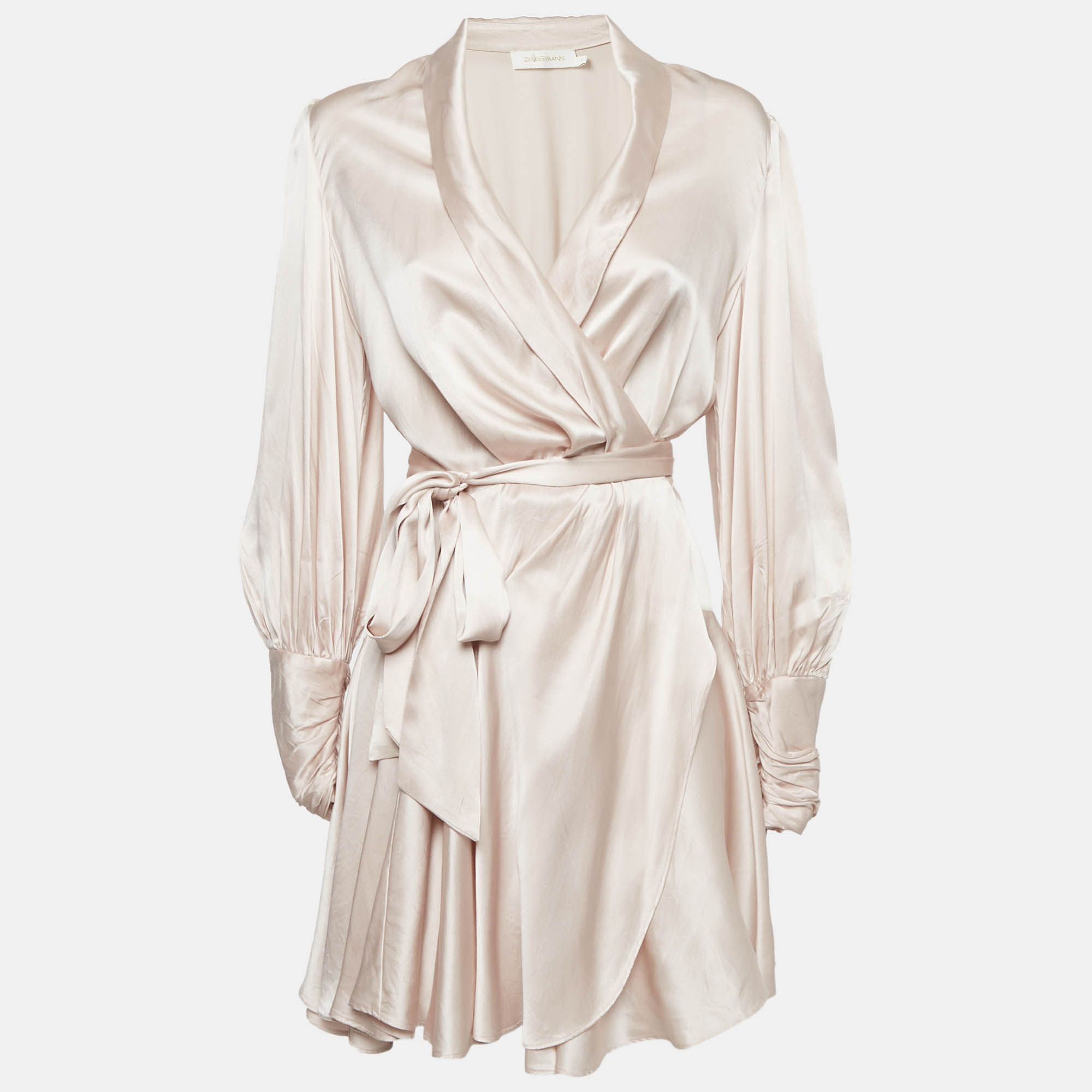 

Zimmermann Beige Satin Silk Blouson Sleeve Mini Wrap Dress M