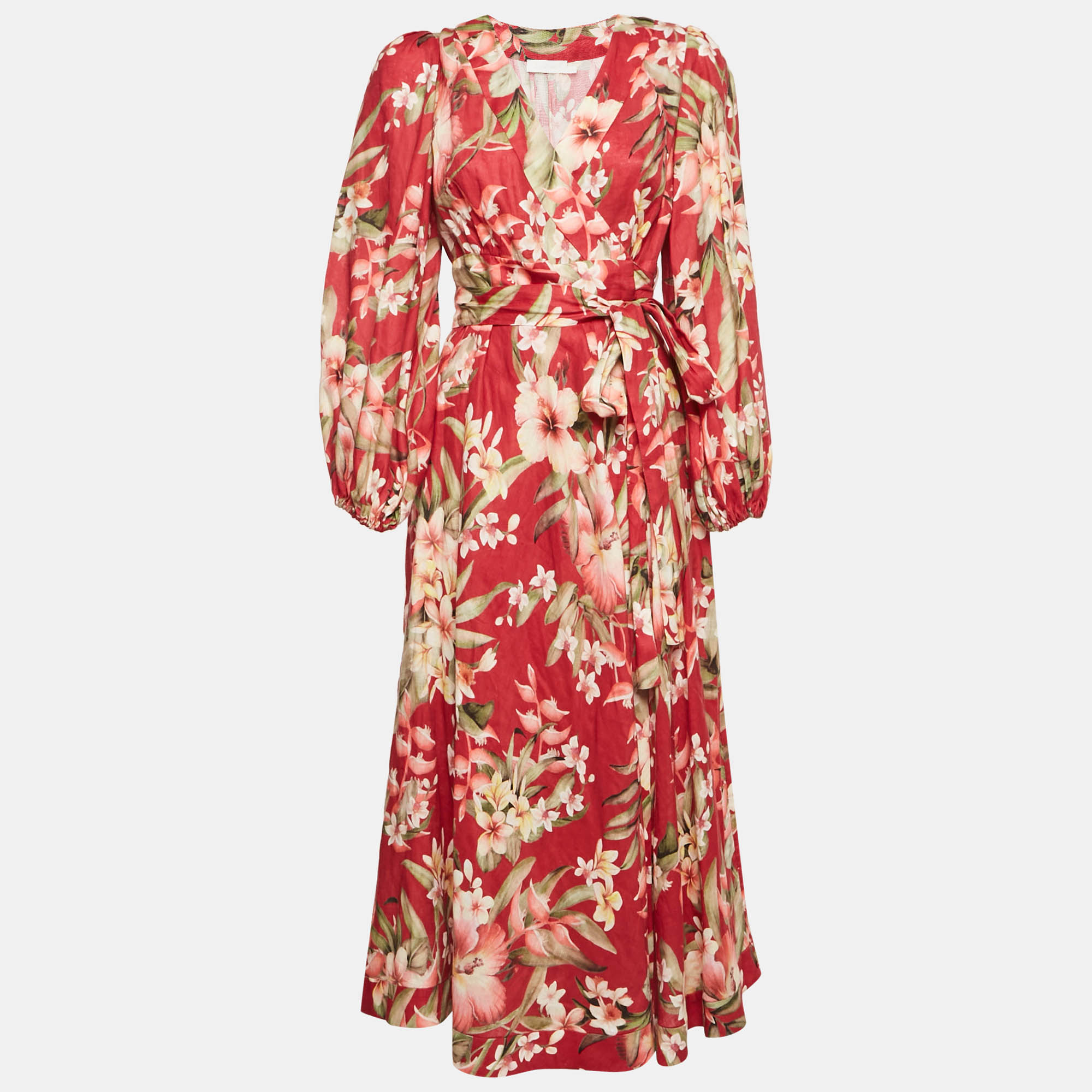 

Zimmermann Red Floral Print Linen Lexi Wrap Long Dress S