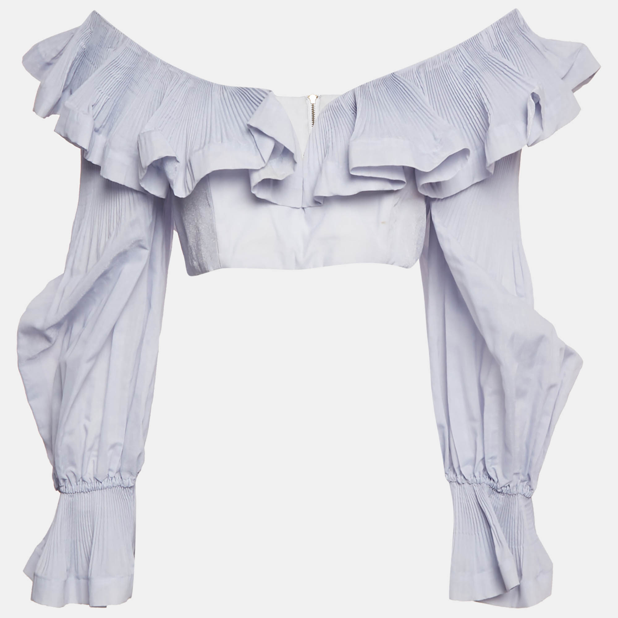 Pre-owned Zimmermann Blue Crepe Ruffled The Lovestruck Crop Top L