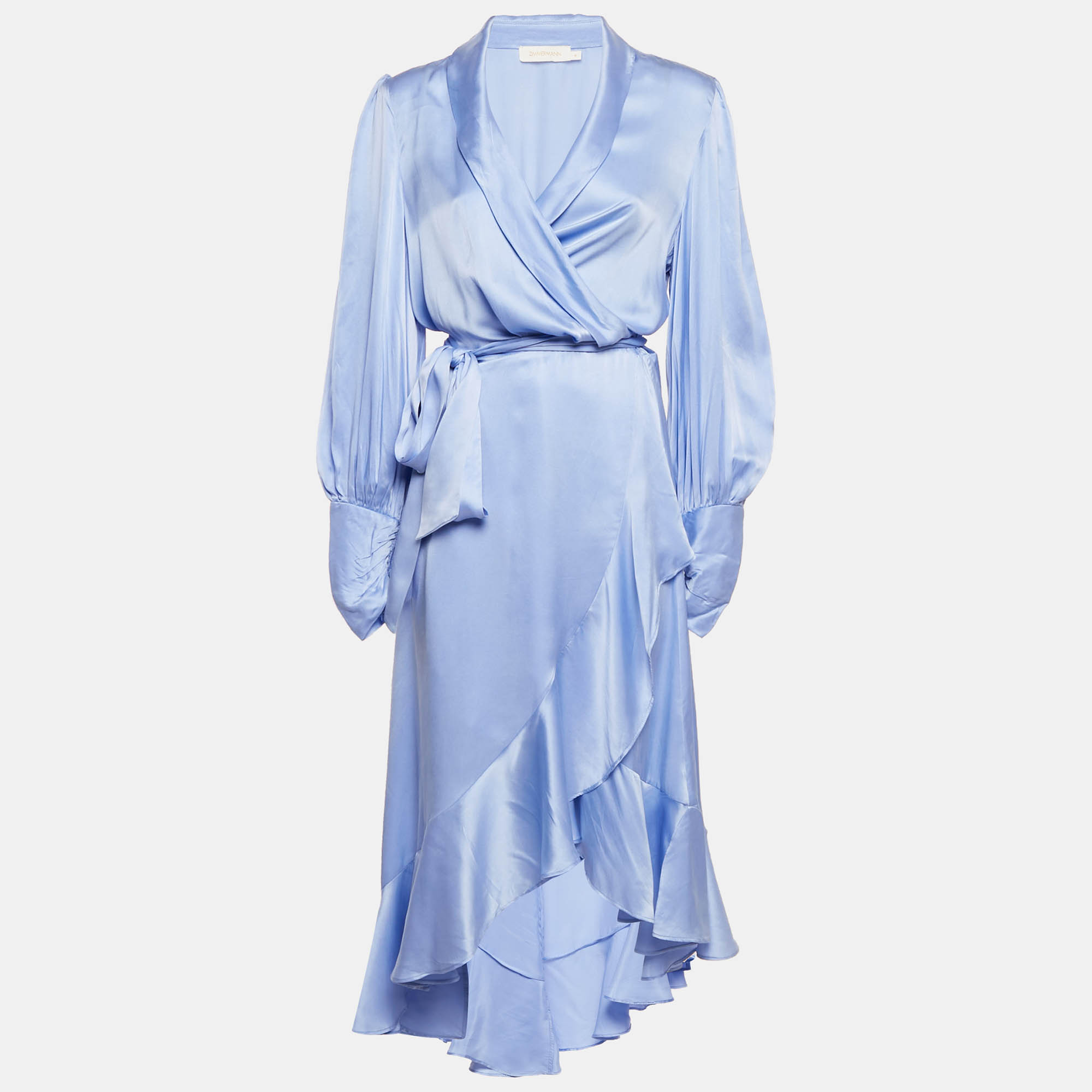 

Zimmermann Blue Satin Silk Ruffled Wrap Dress XL
