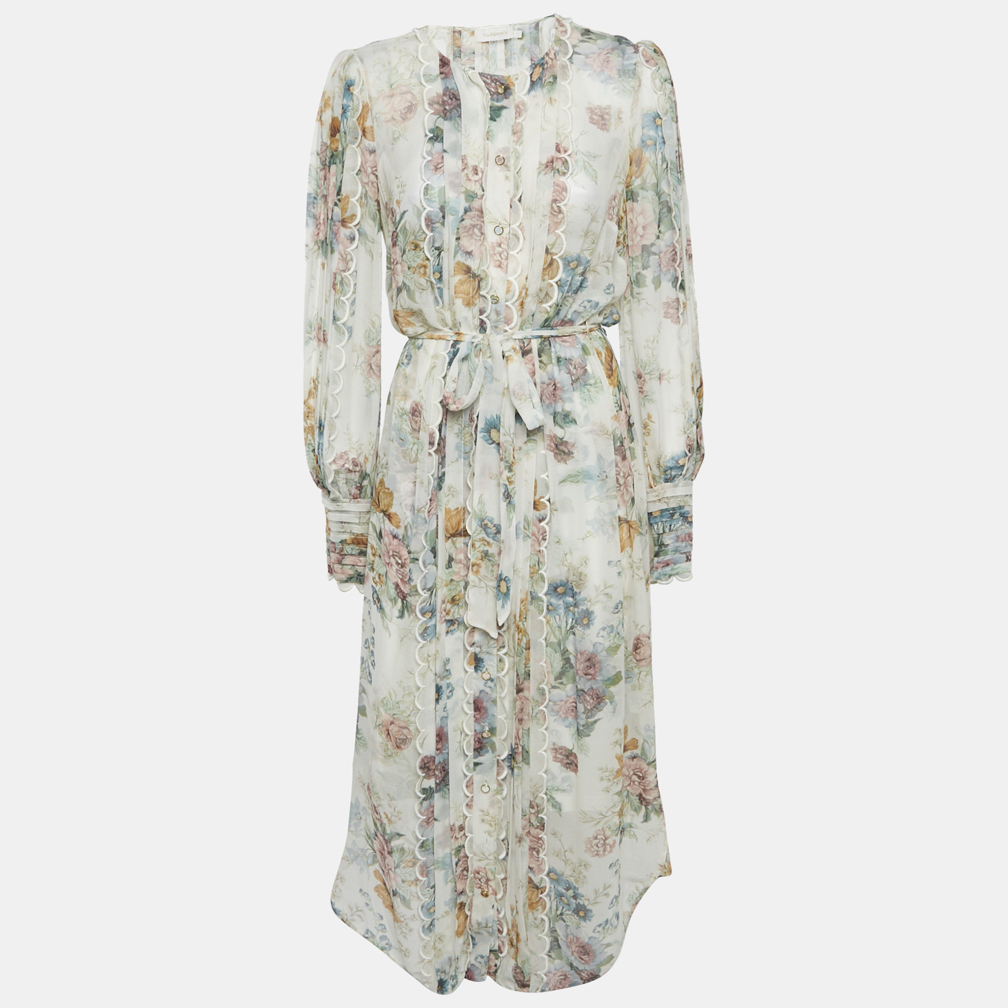 

Zimmermann White Floral Print Crepe Scallop Detail Long Dress S