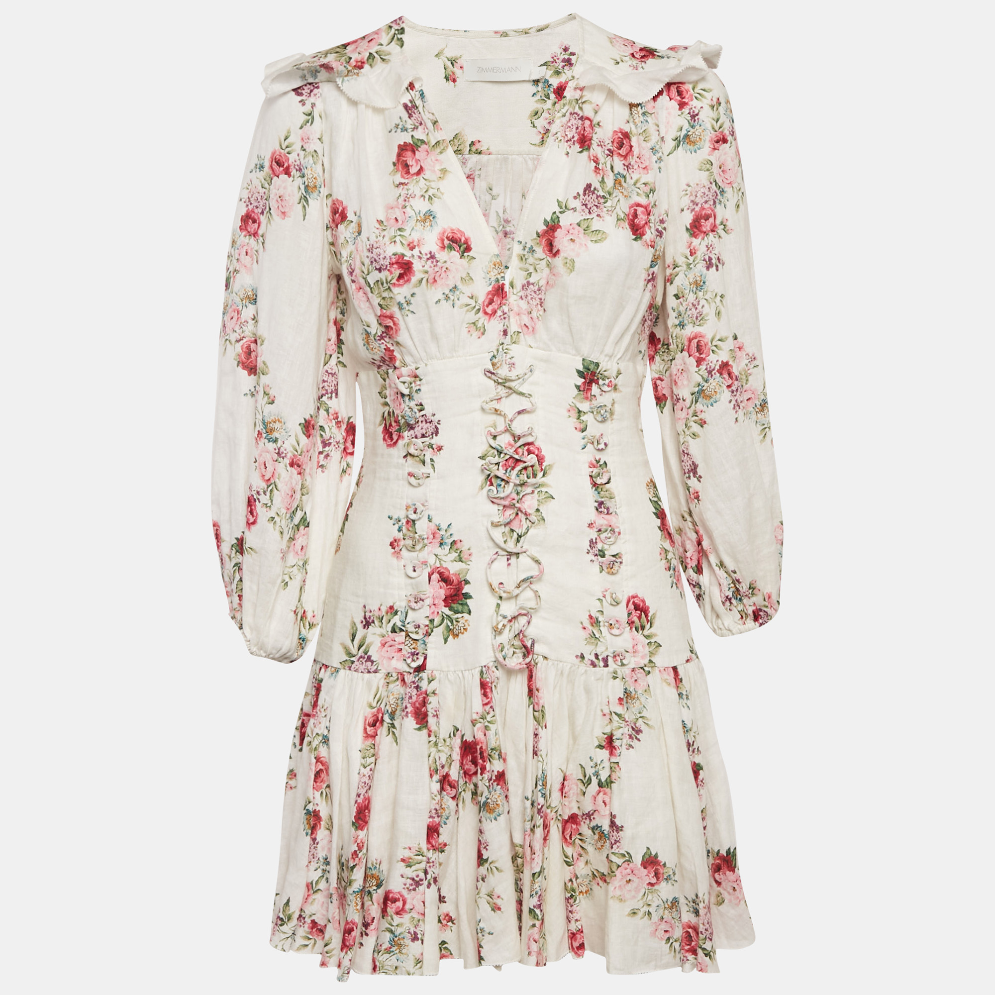 

Zimmermann White Floral Print Linen Honour Corset Mini Dress M