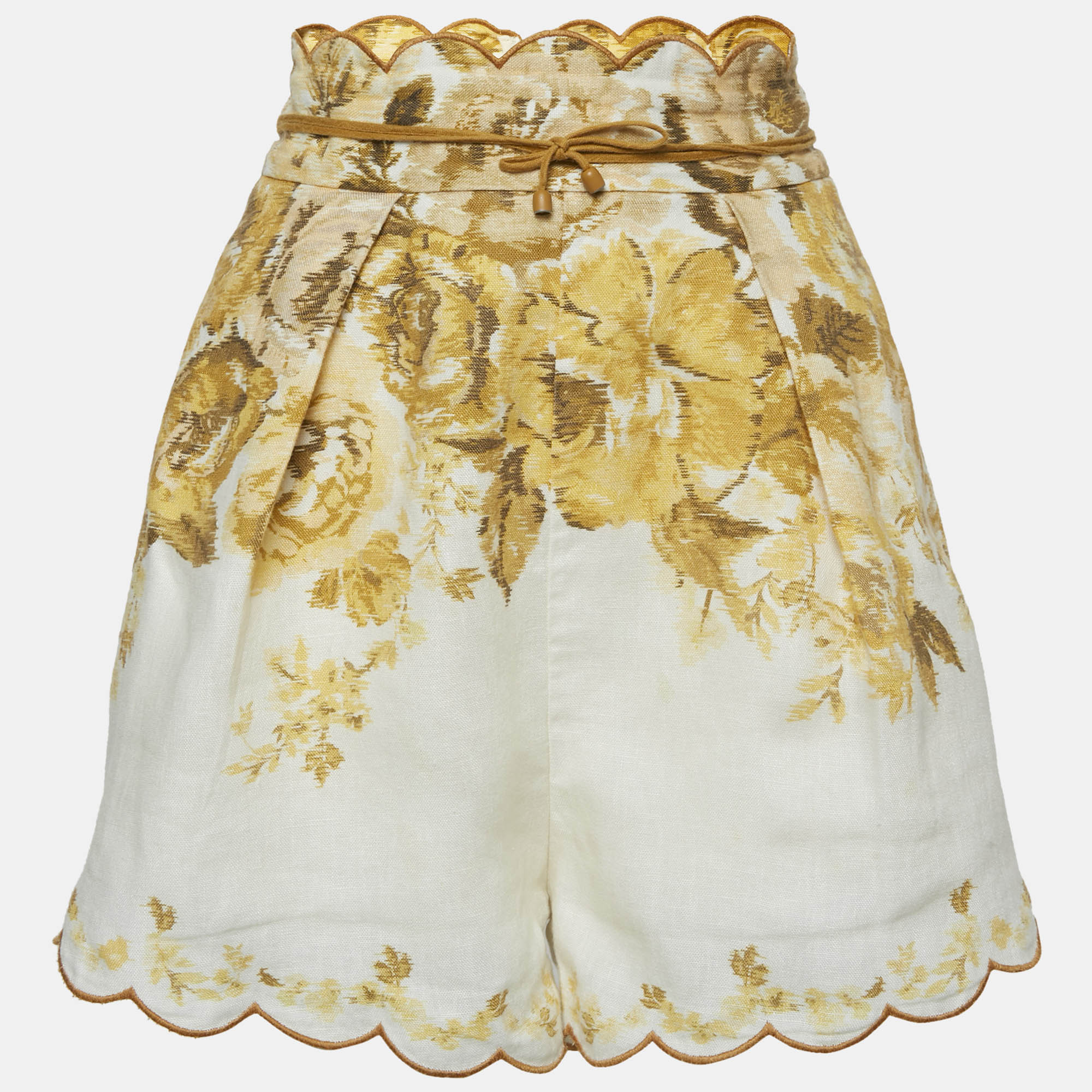 

Zimmermann Yellow Floral Print Linen Aliane Scallop Shorts M