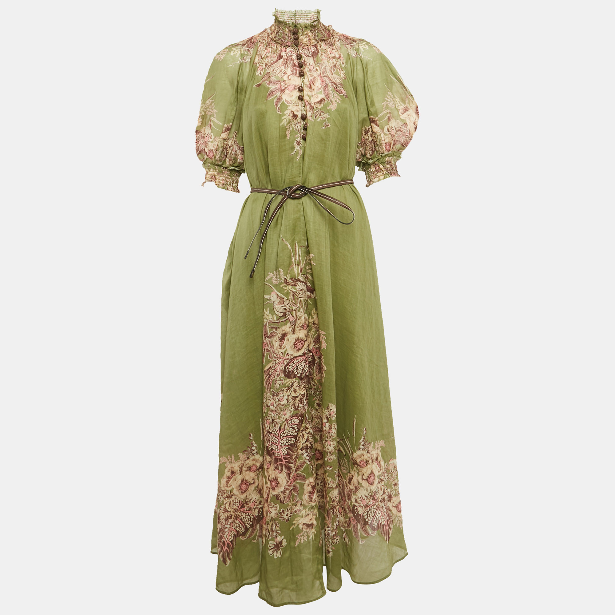 Pre-owned Zimmermann Green Printed Linen Belted Maxi Dress M