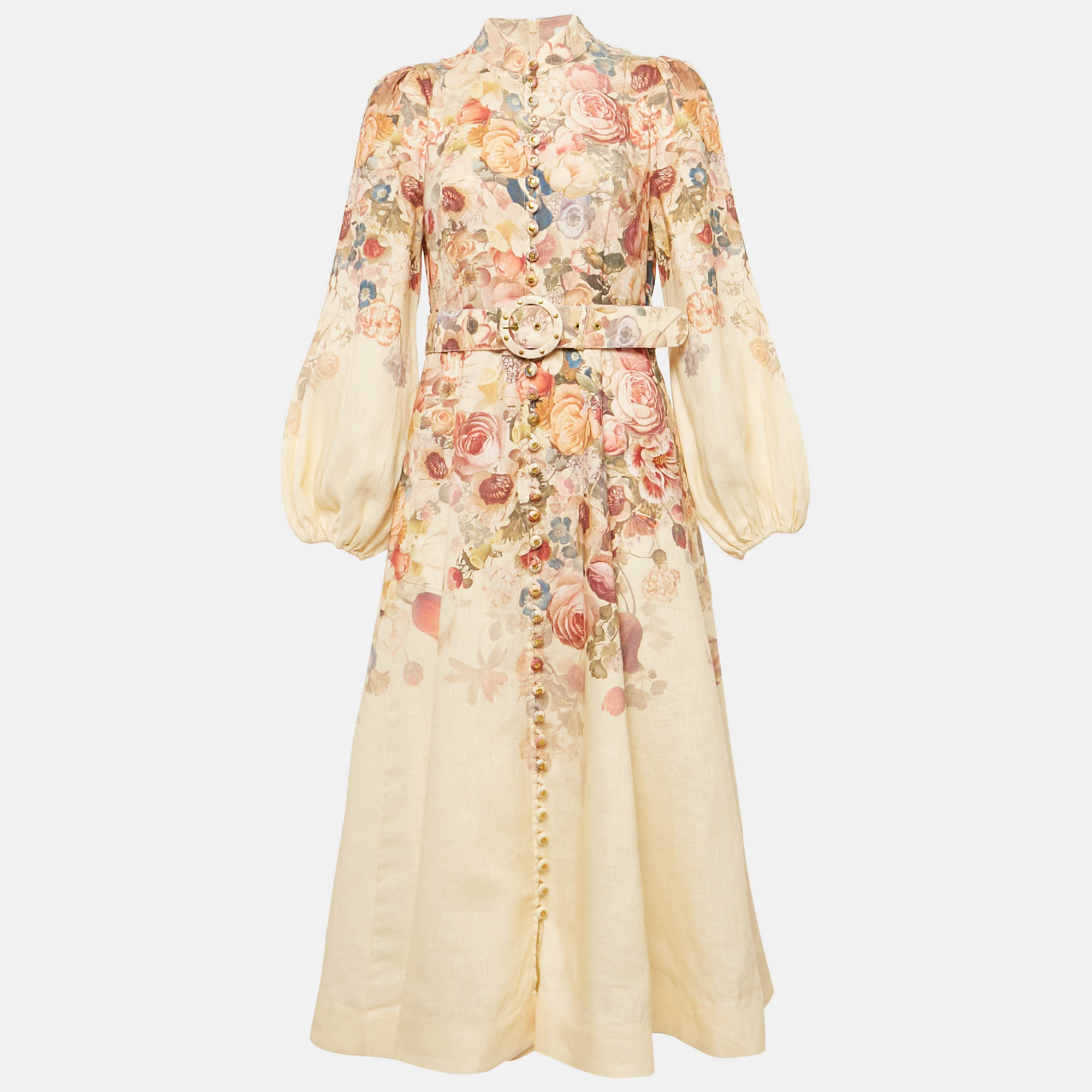 

Zimmermann Beige Floral Print Linen Belted Midi Dress M