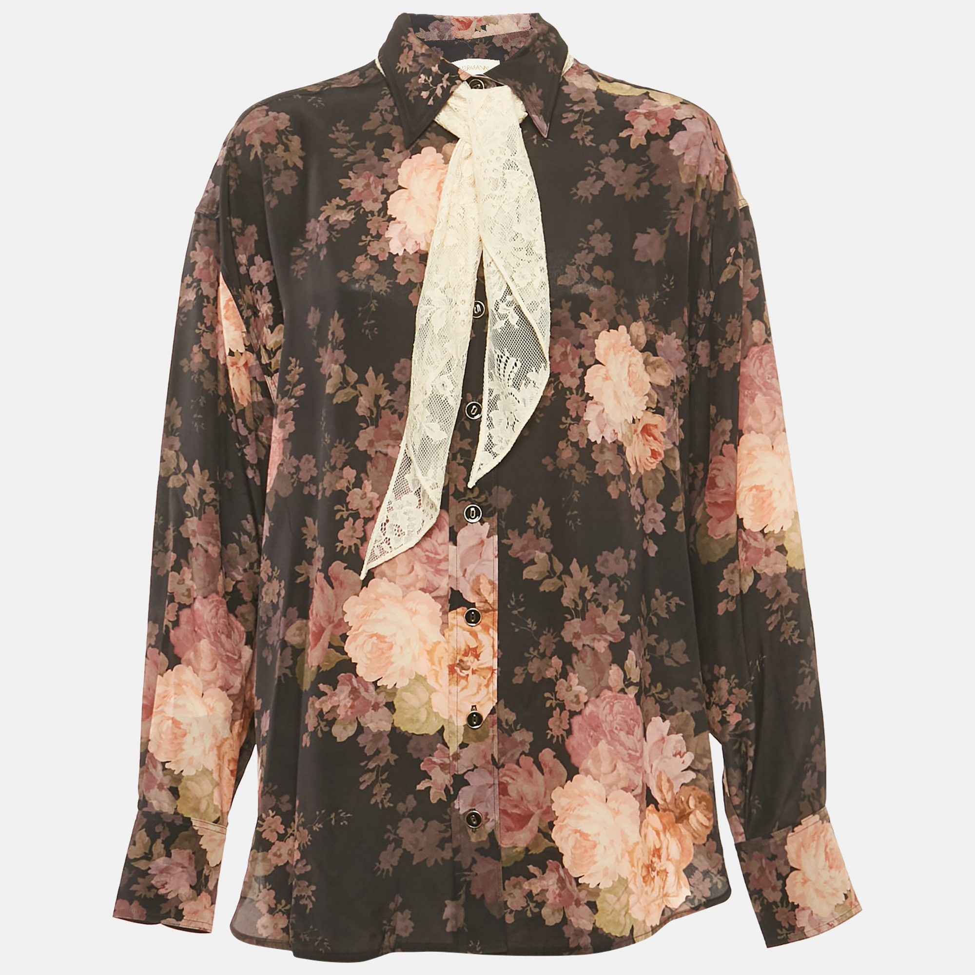 

Zimmermann Black Floral Print Silk Neck Tie-Up Button Front Blouse S
