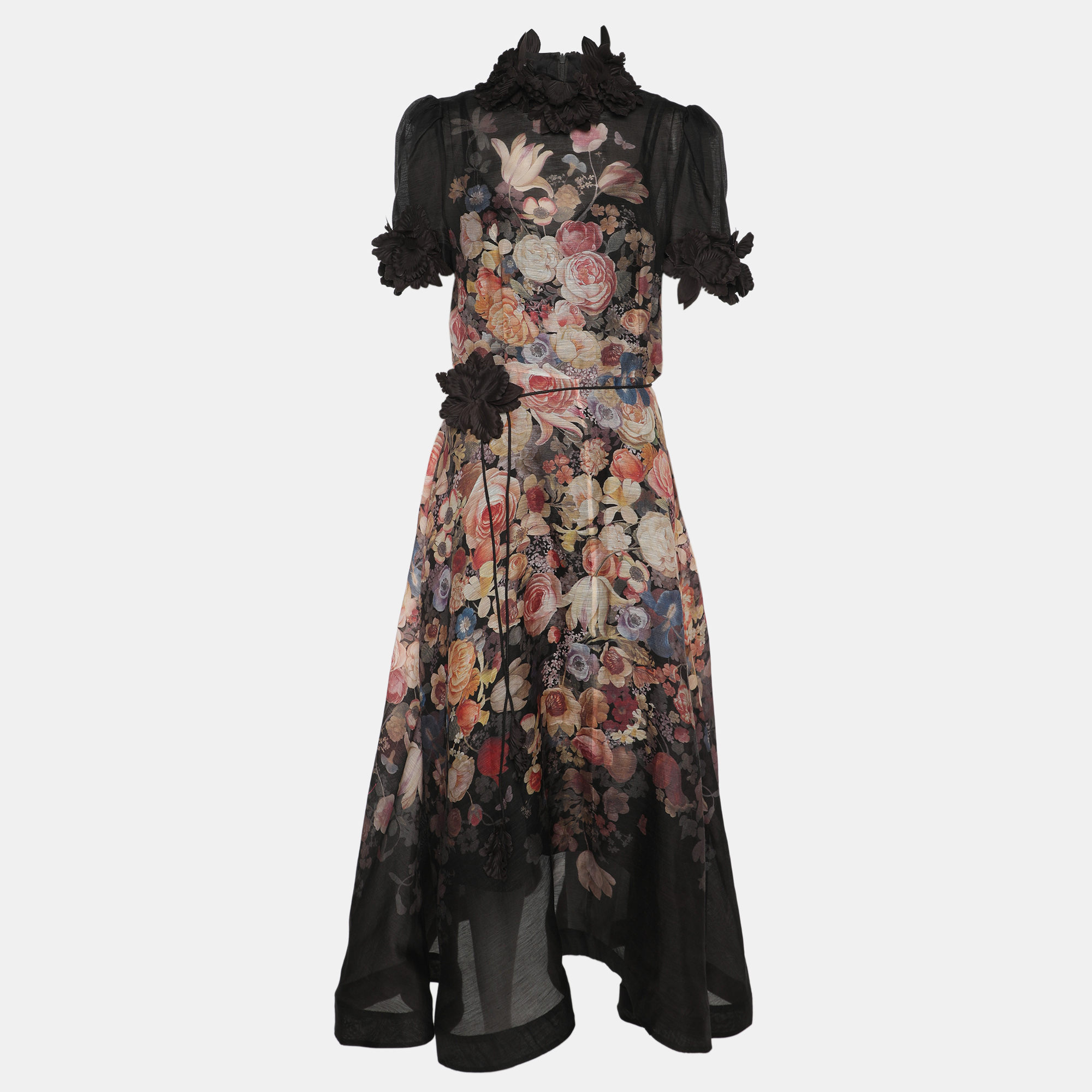 Pre-owned Zimmermann Black Linen Silk Luminosity Liftoff Flower Midi Dress M