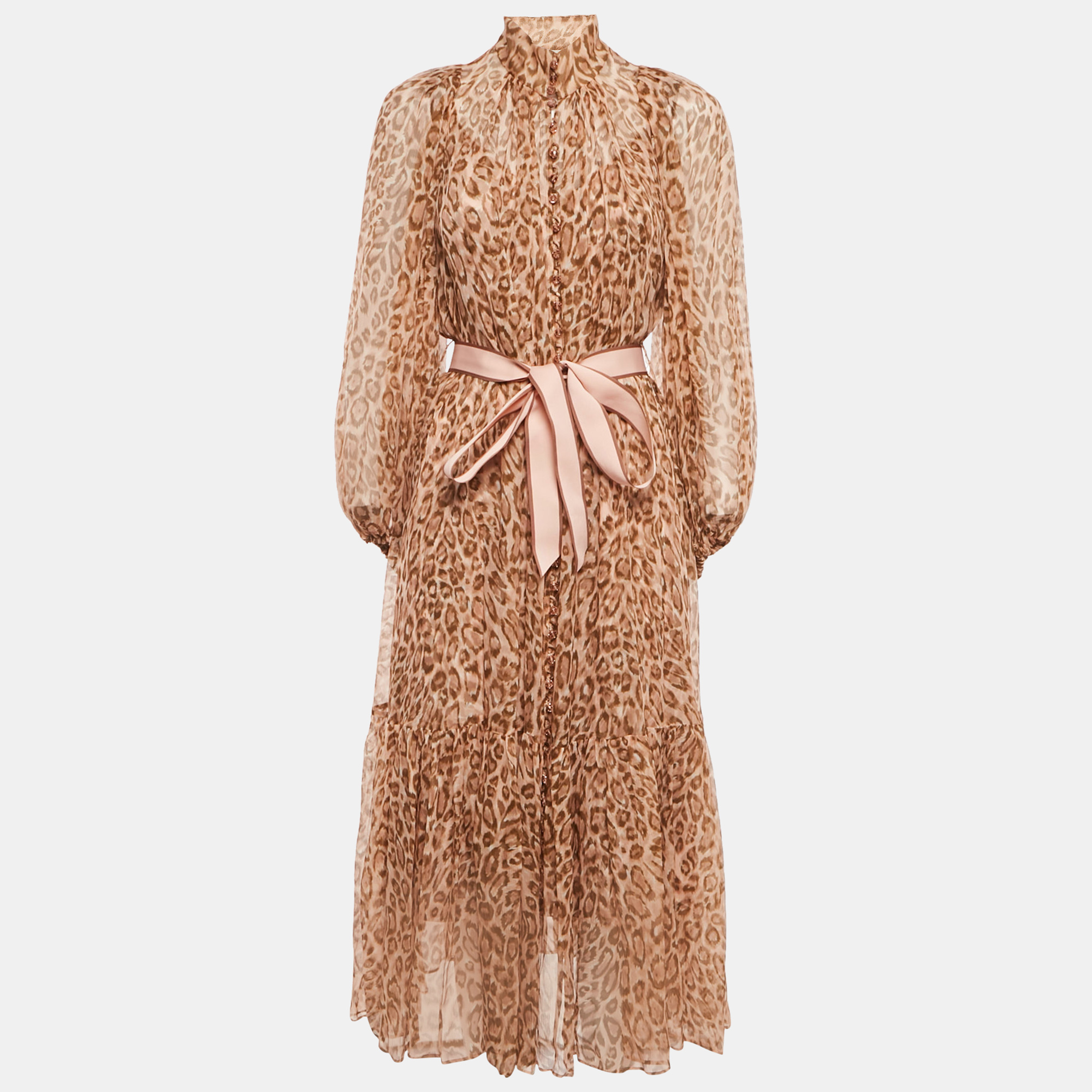 

Zimmermann Brown Animal Printed Silk Belted Tempa Midi Dress S