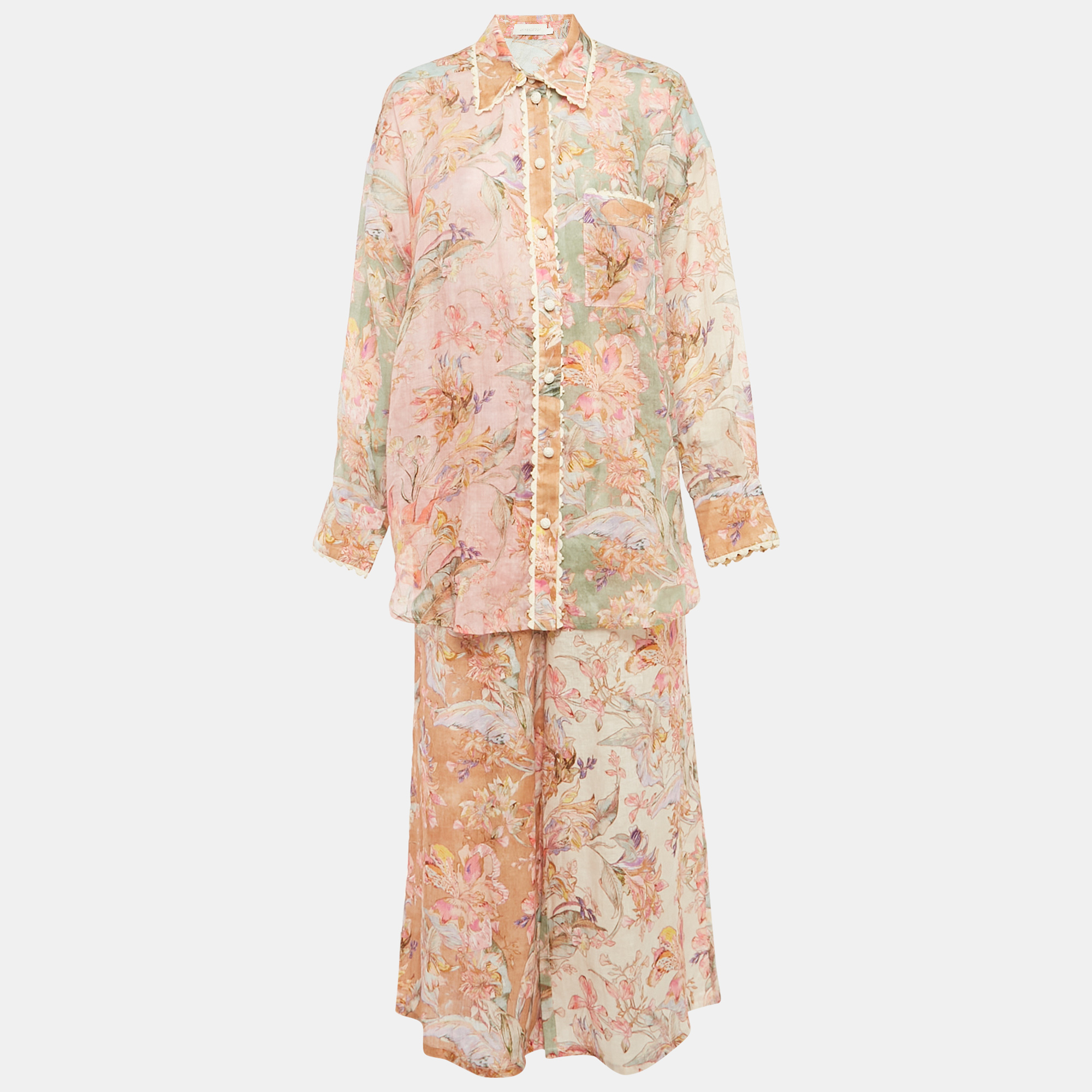Pre-owned Zimmermann Multicolor Floral Printed Ramie & Linen Shirt & Pants Set L