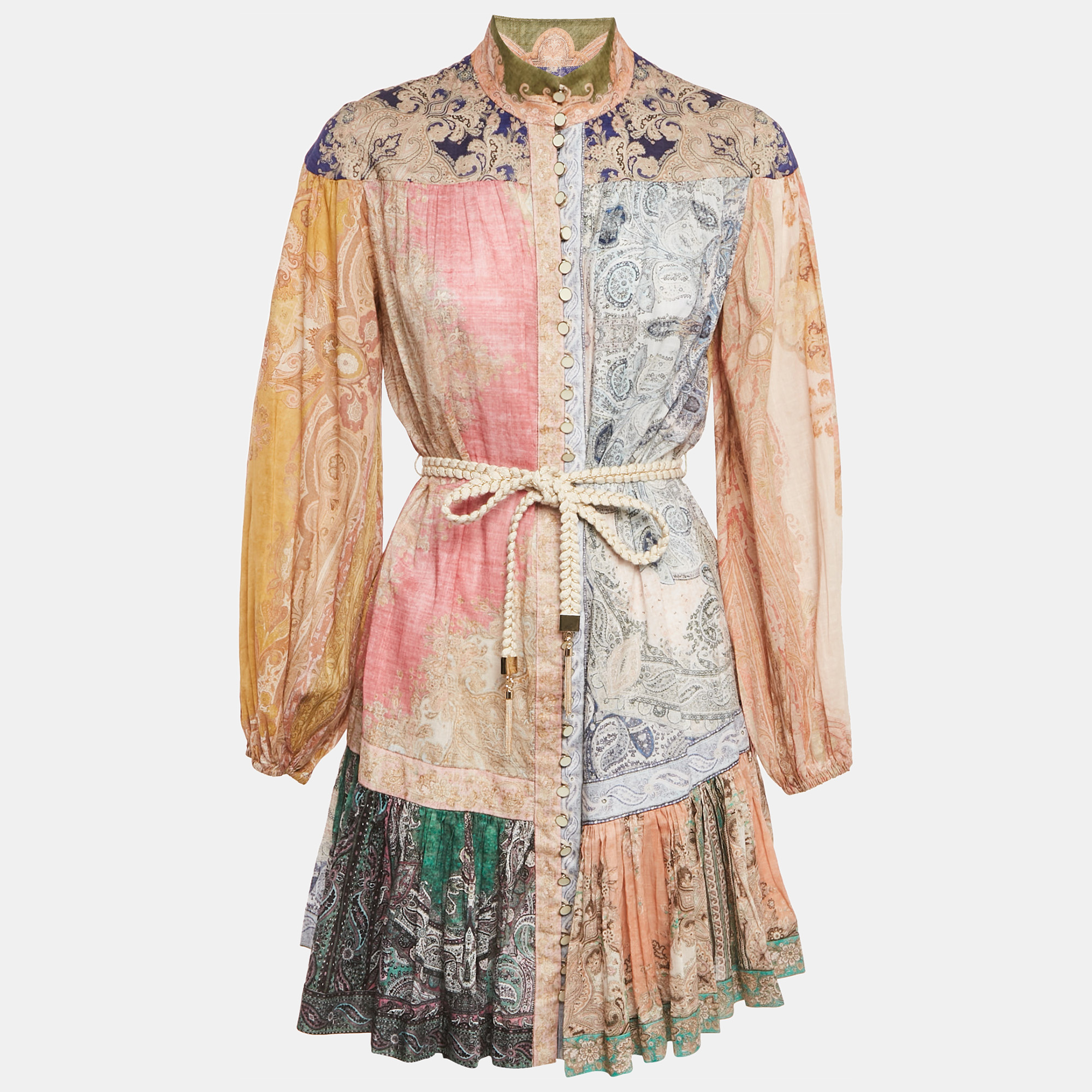 

Zimmermann Multicolor Printed Cotton Button Front Belted Flounce Mini Dress S