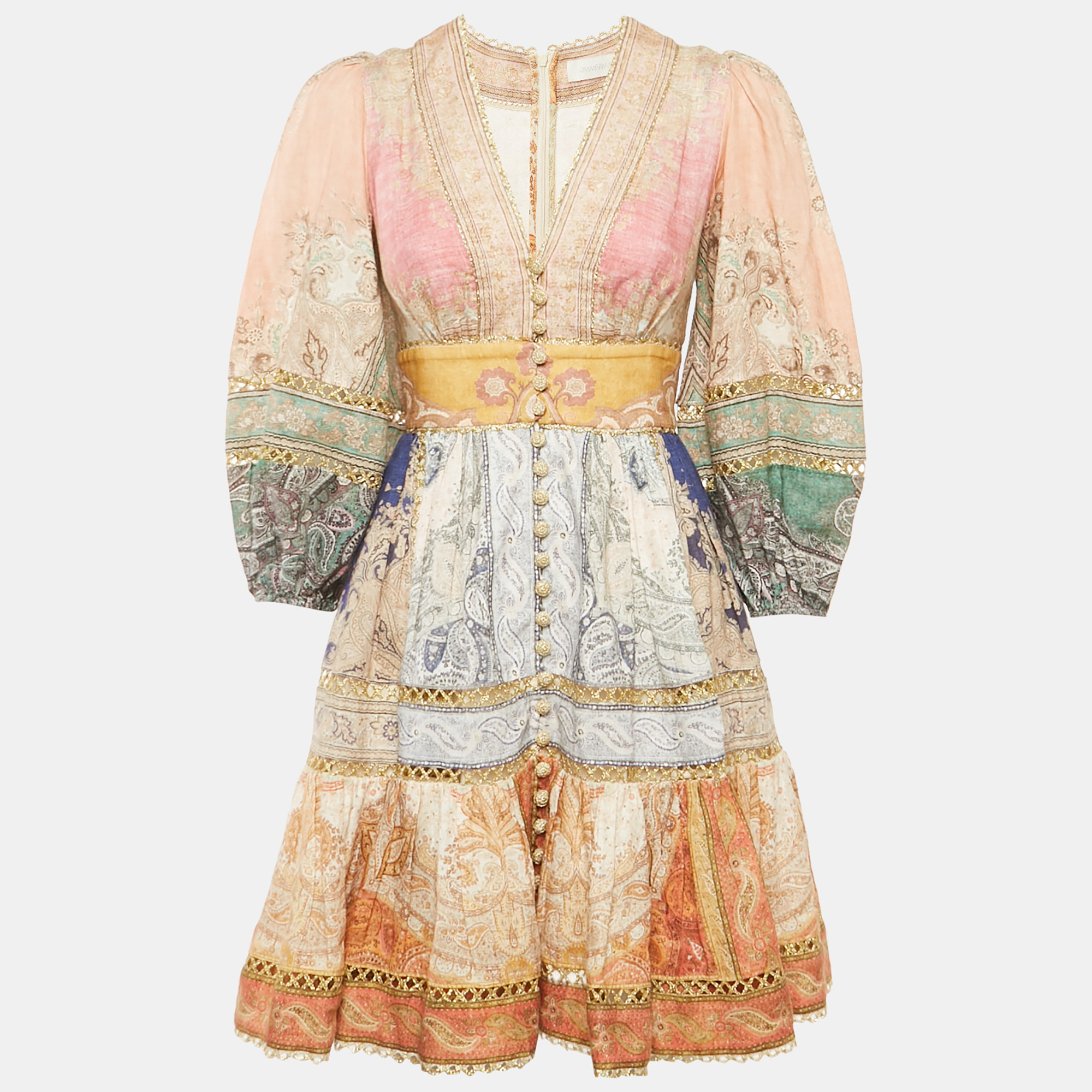 

Zimmermann Multicolor Printed Linen Lace Trimmed Mini Dress S