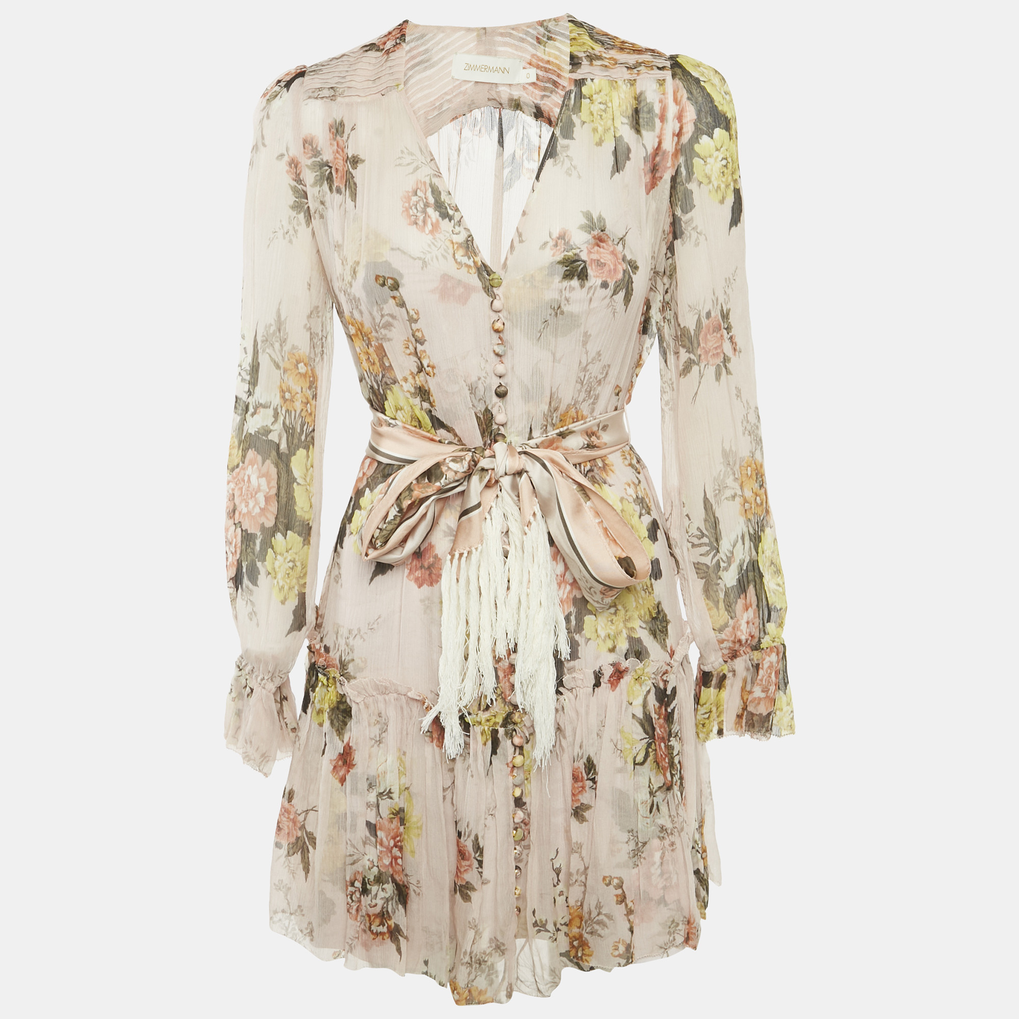 

Zimmermann Peach/Pink Floral Print Silk Belted Mini Dress S
