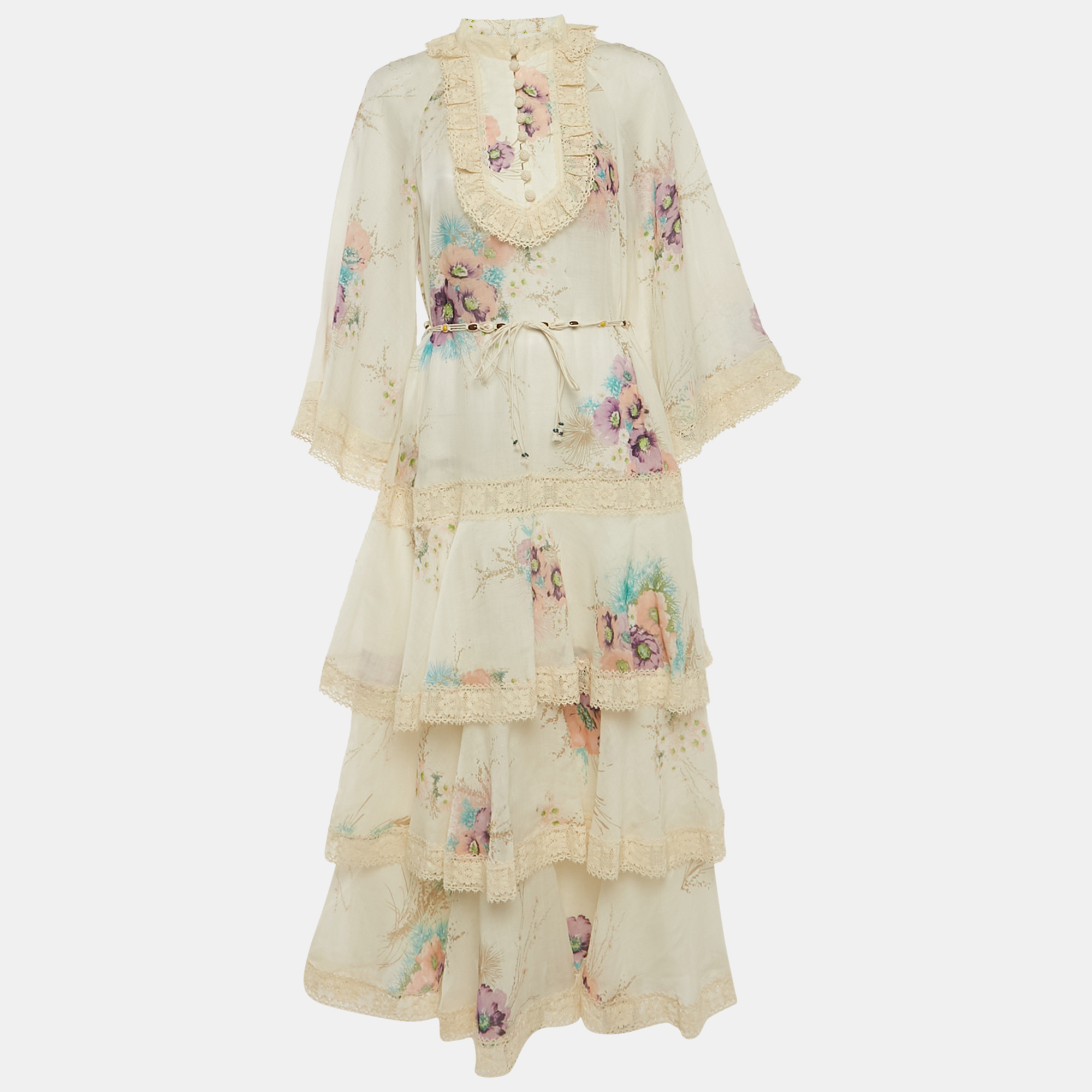 

Zimmermann Off-White Floral Print Ramie Tiered Midi Dress L