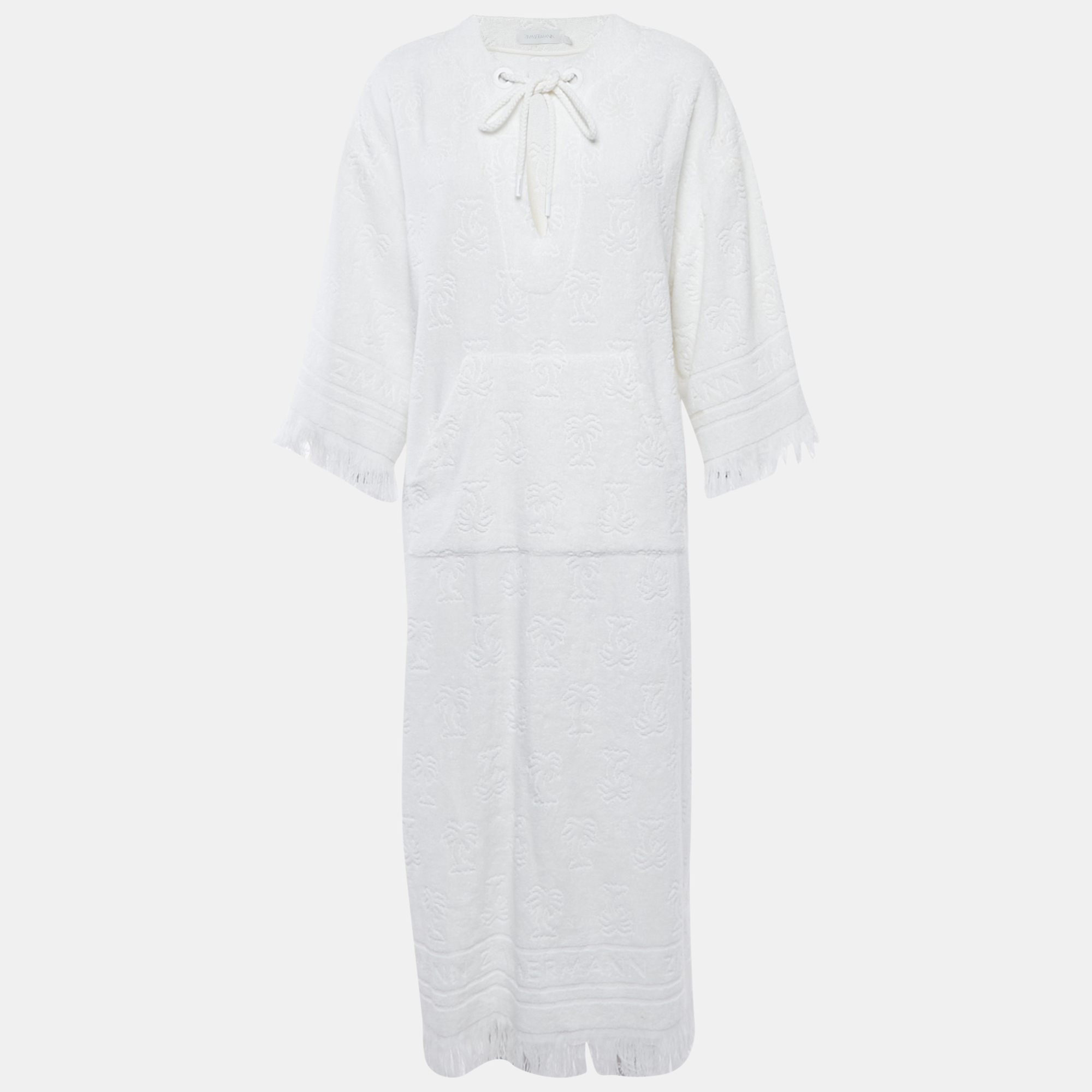 

Zimmermann White Palm Tree Terry Cotton Fringed Kaftan Dress M