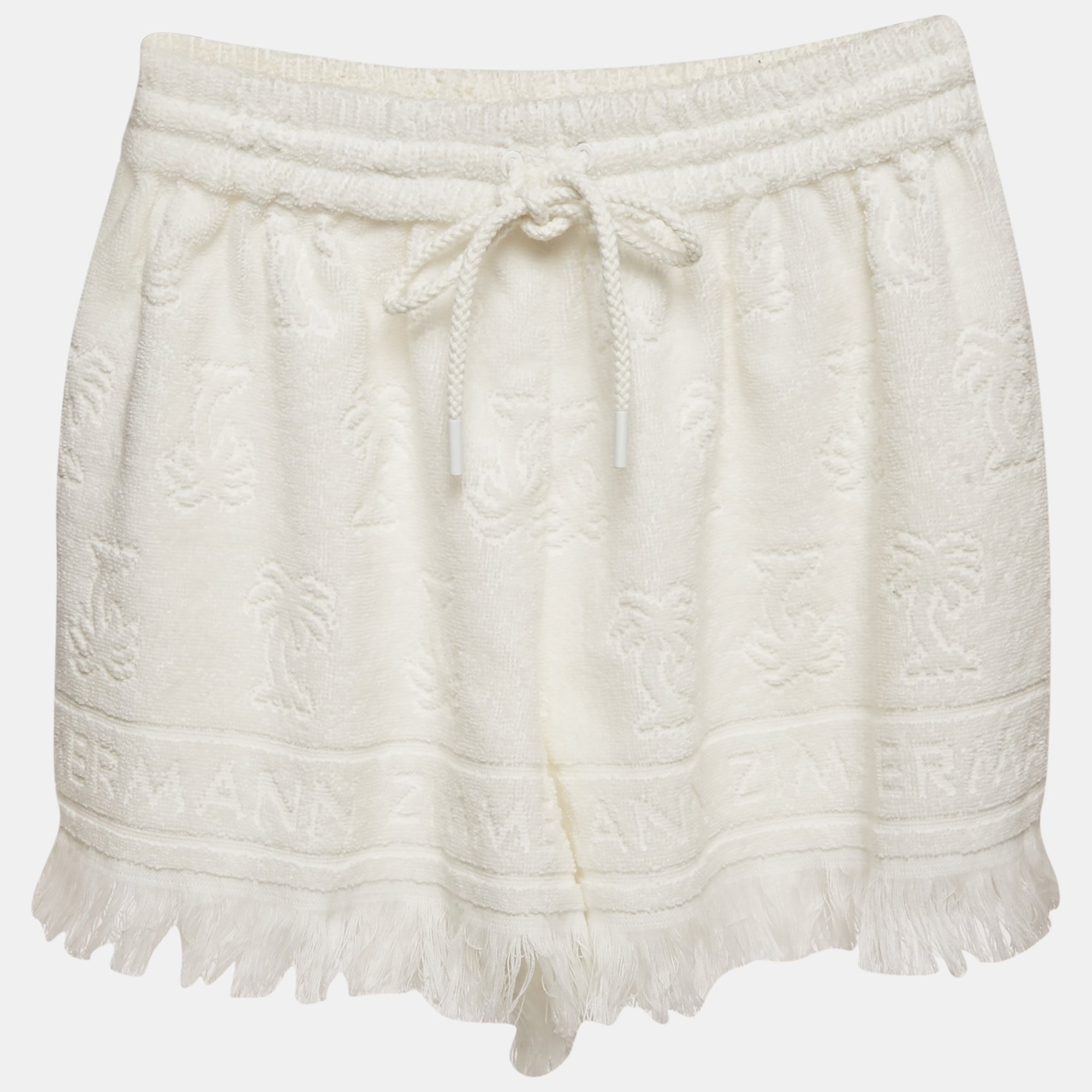 

Zimmermann White White Palm Tree Terry Cotton Fringed Shorts M