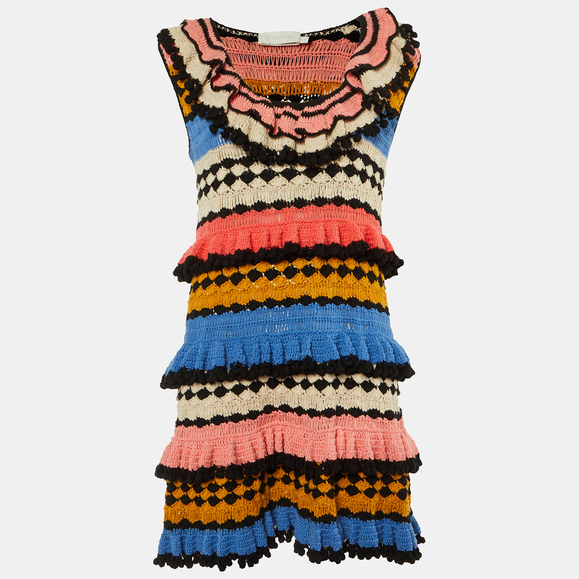 Pre-owned Zimmermann Multicolor Crochet Knit Tiered Dress L