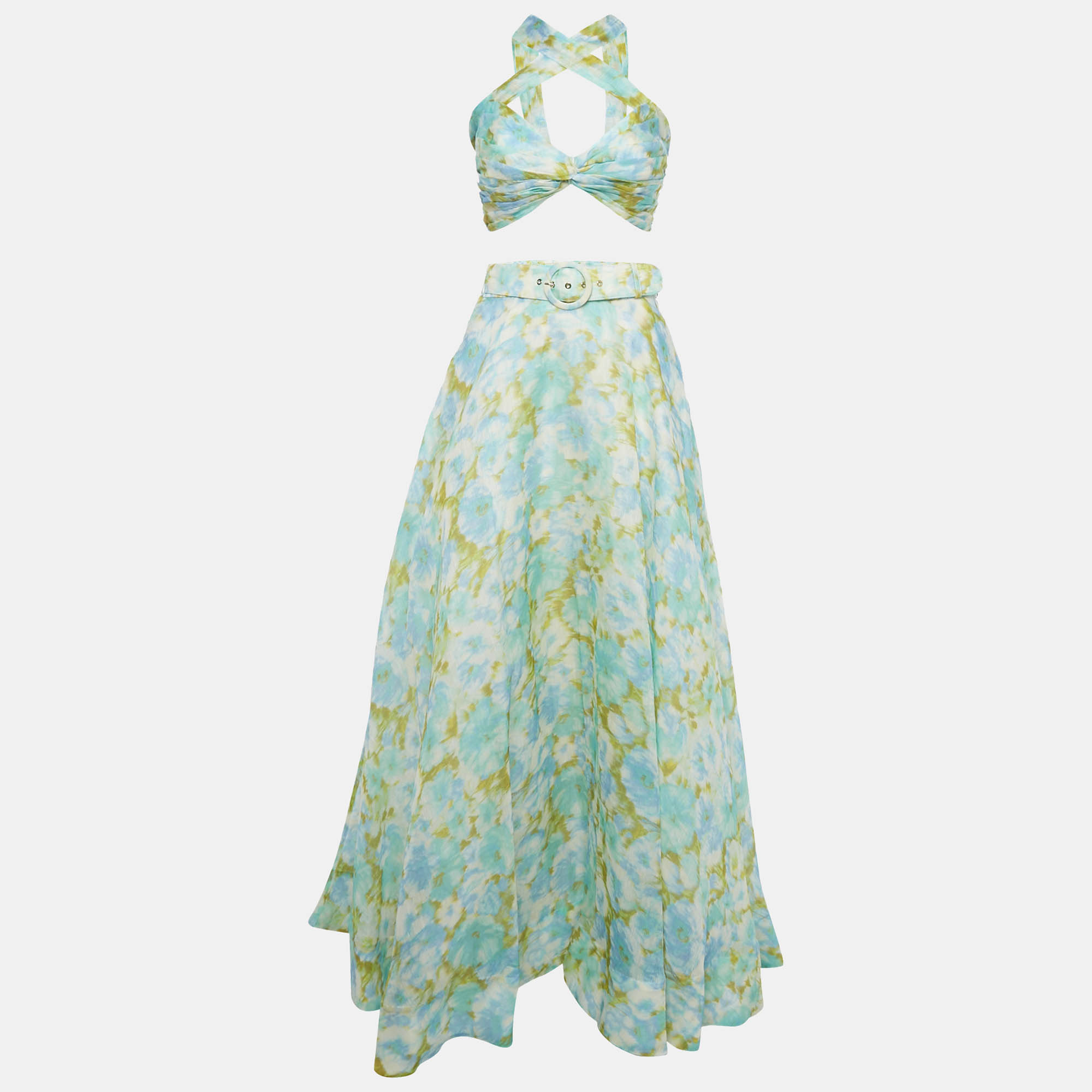 

Zimmerman Green Ikat Print Silk Blend High Tied Top & Skirt Set M