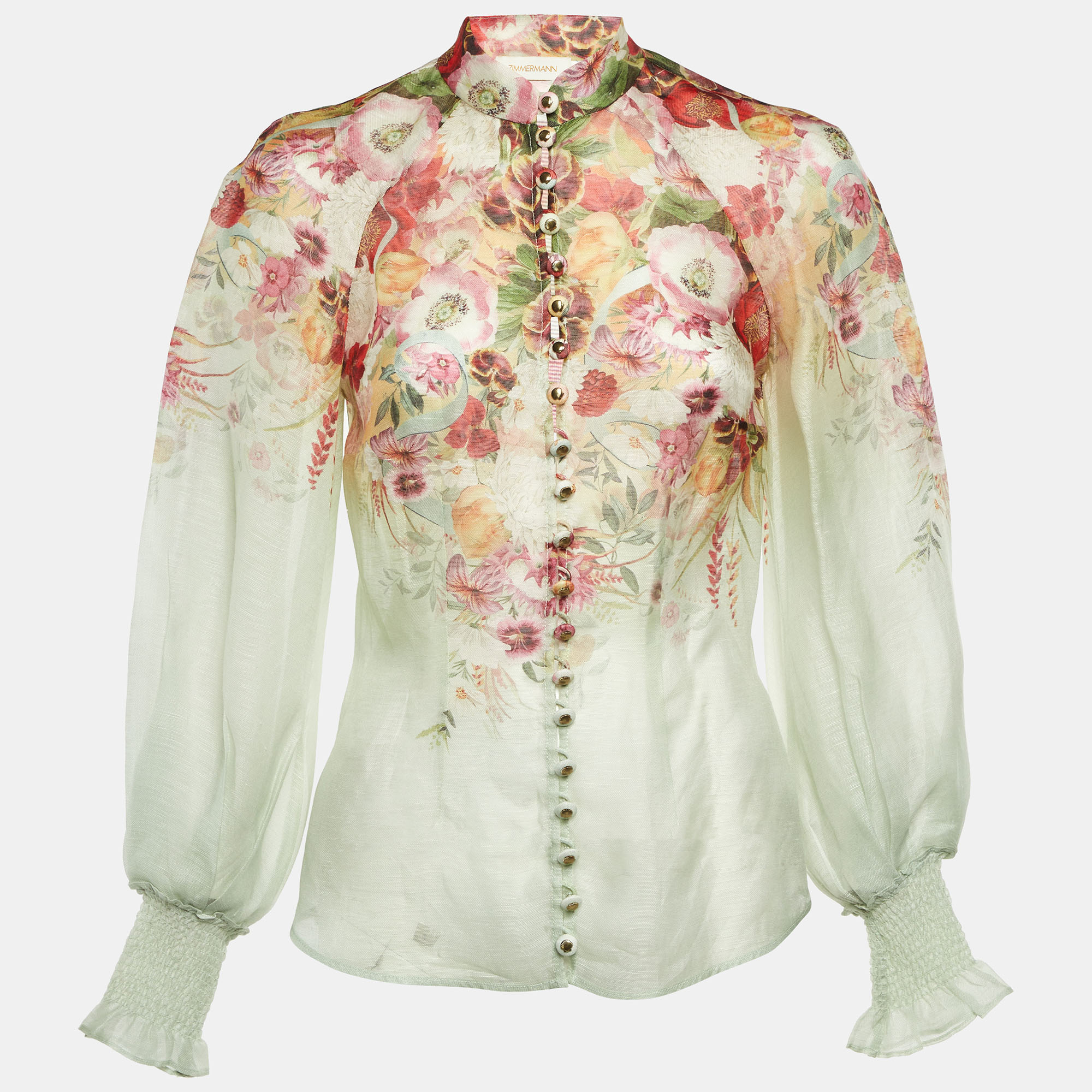 

Zimmermann Green Floral Linen & Silk Wonderland Blouse S