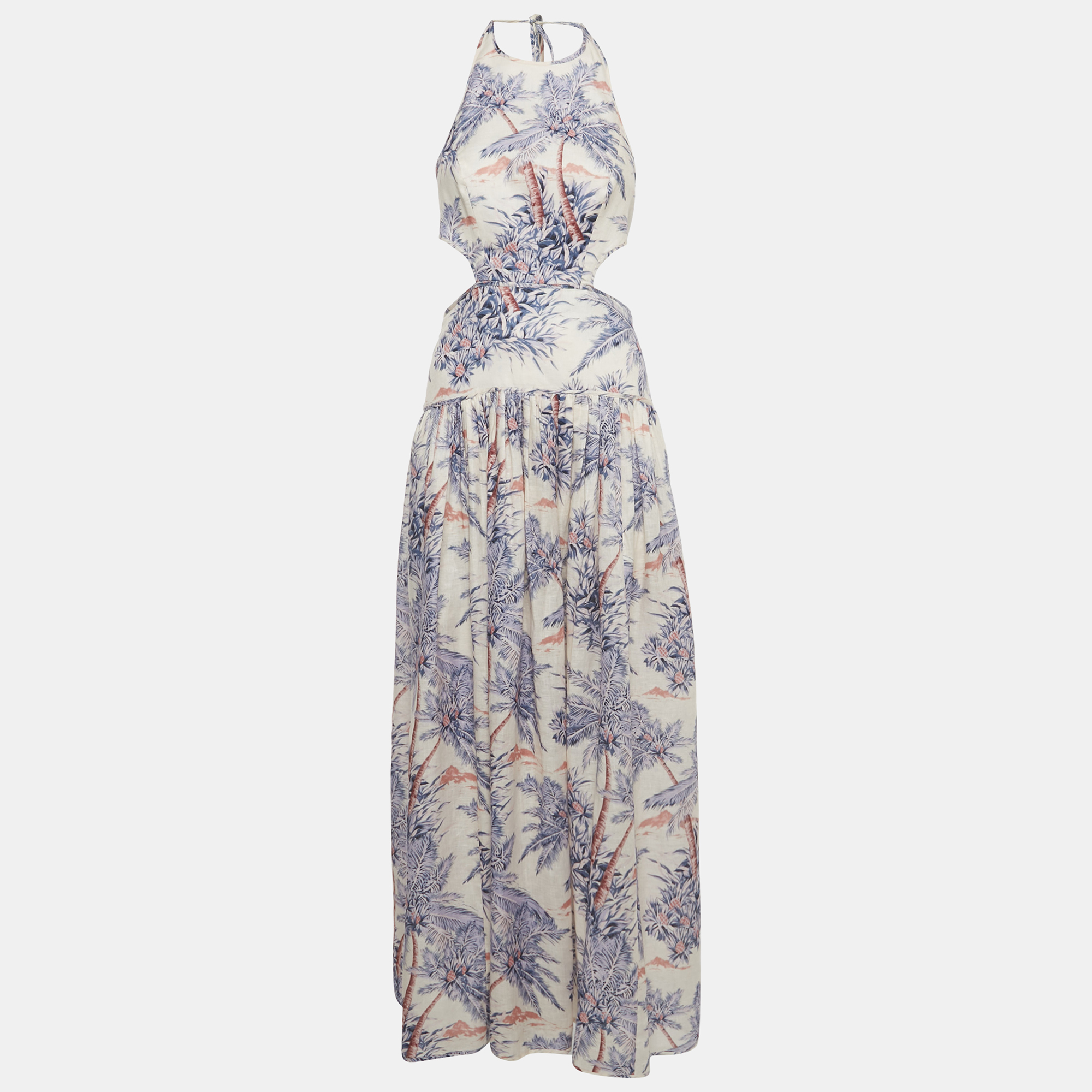 

Zimmermann Pink Palm Tree Print Linen Halter Neck Maxi Dress M