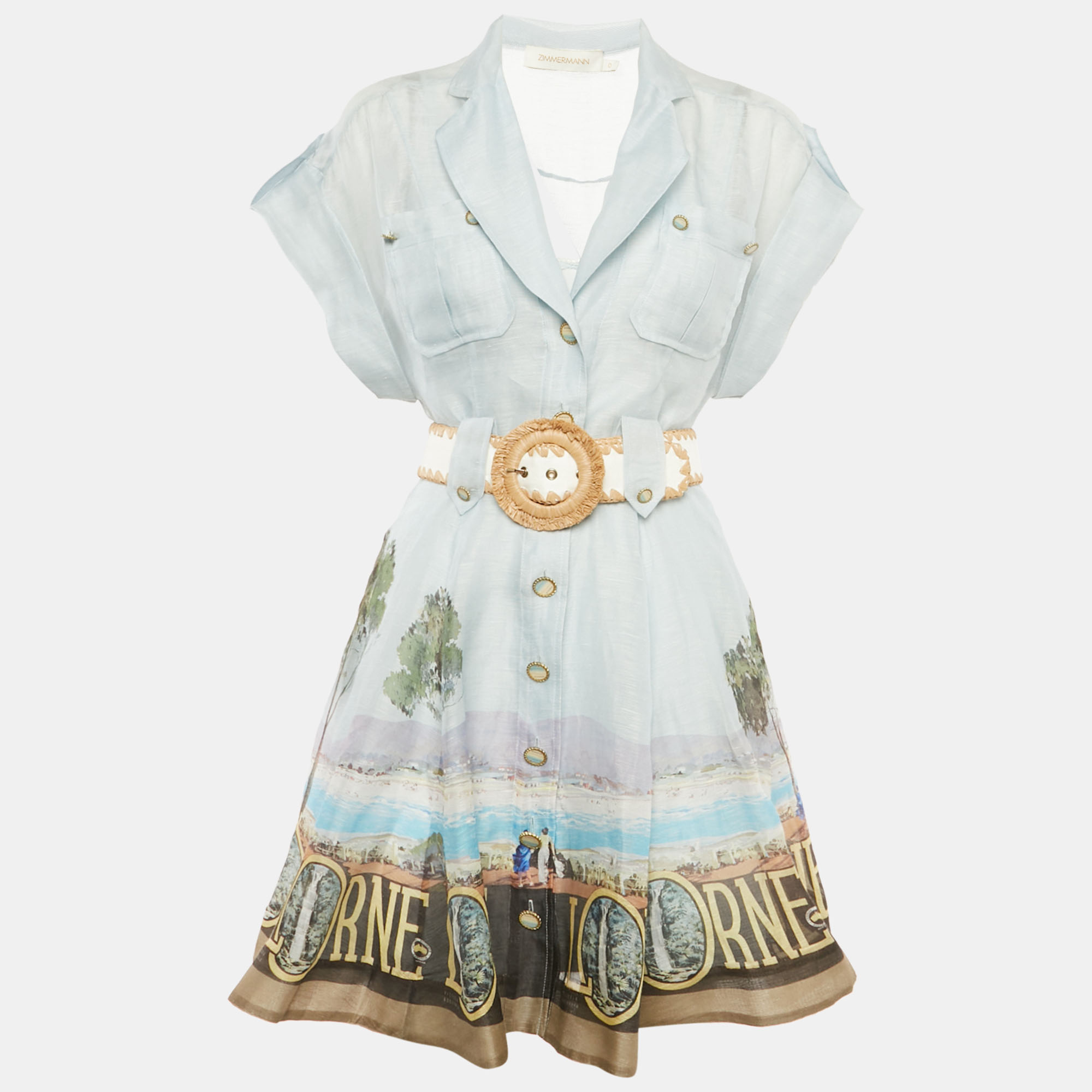 

Zimmermann Blue Printed Silk and Linen Button Front Belted Mini Dress S