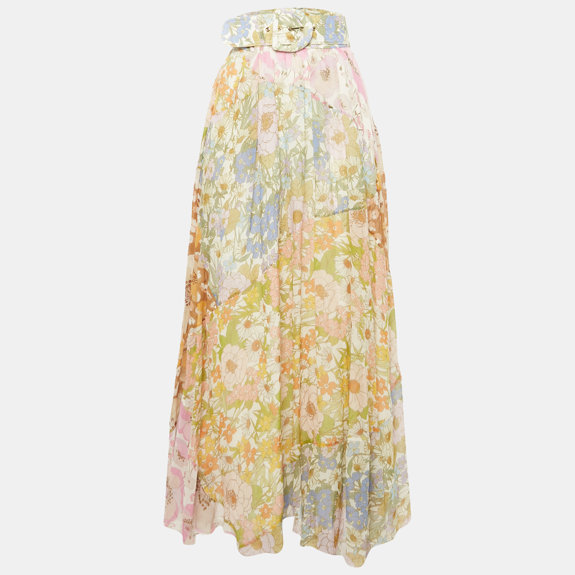 Pre-owned Zimmermann Multicolor Floral Print Cotton Blend Belted Maxi Skirt L