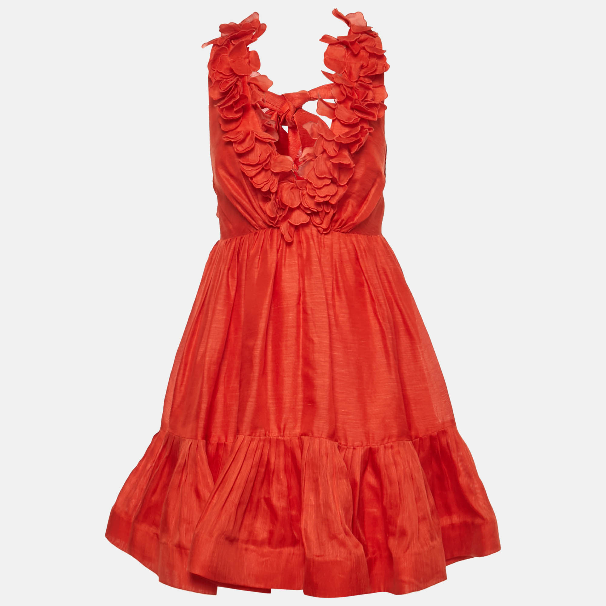 

Zimmermann Red Linen and Silk Plunge Neck Lovestruck Garland Mini Dress M