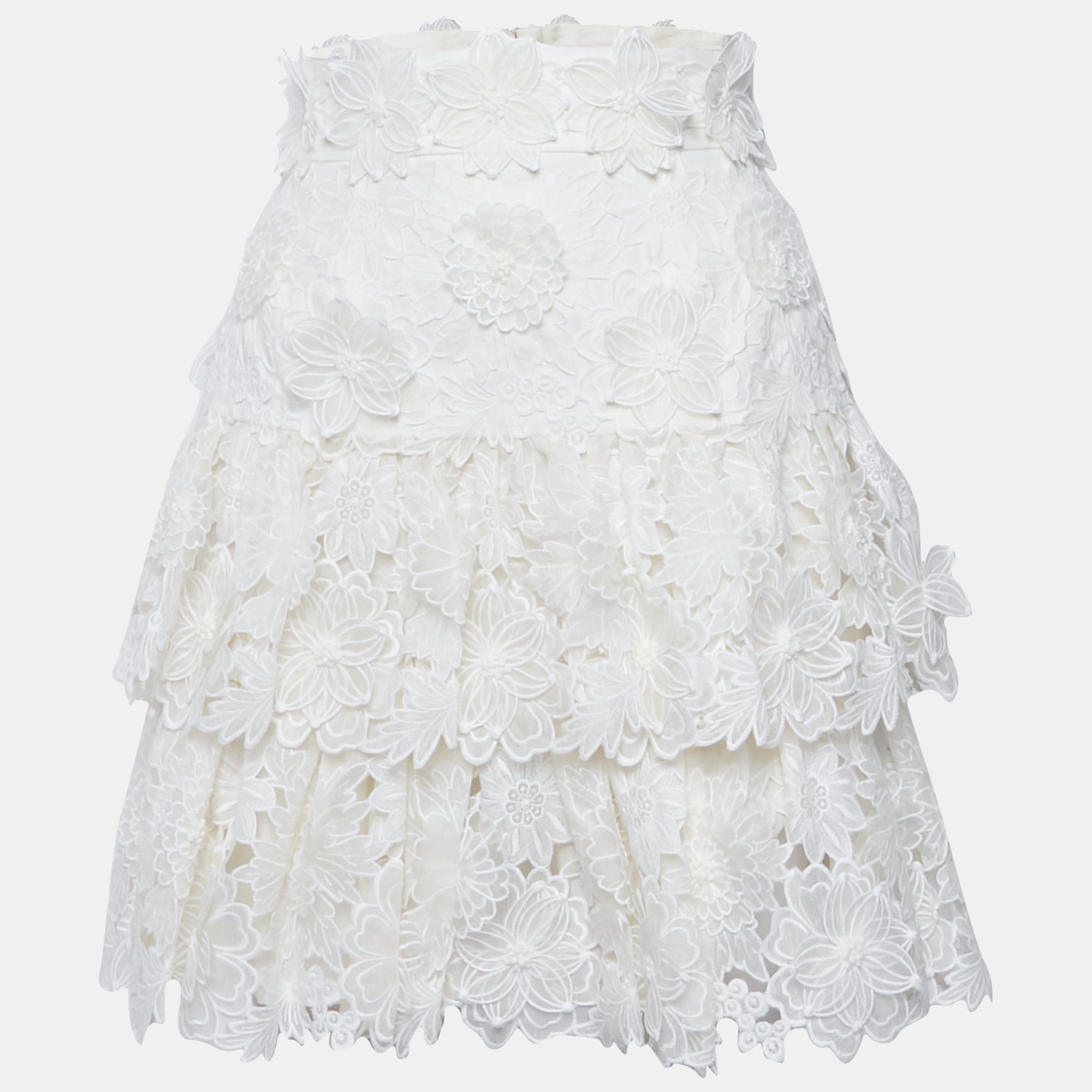 

Zimmermann White Floral Applique Linen Tiered Mini Skirt S
