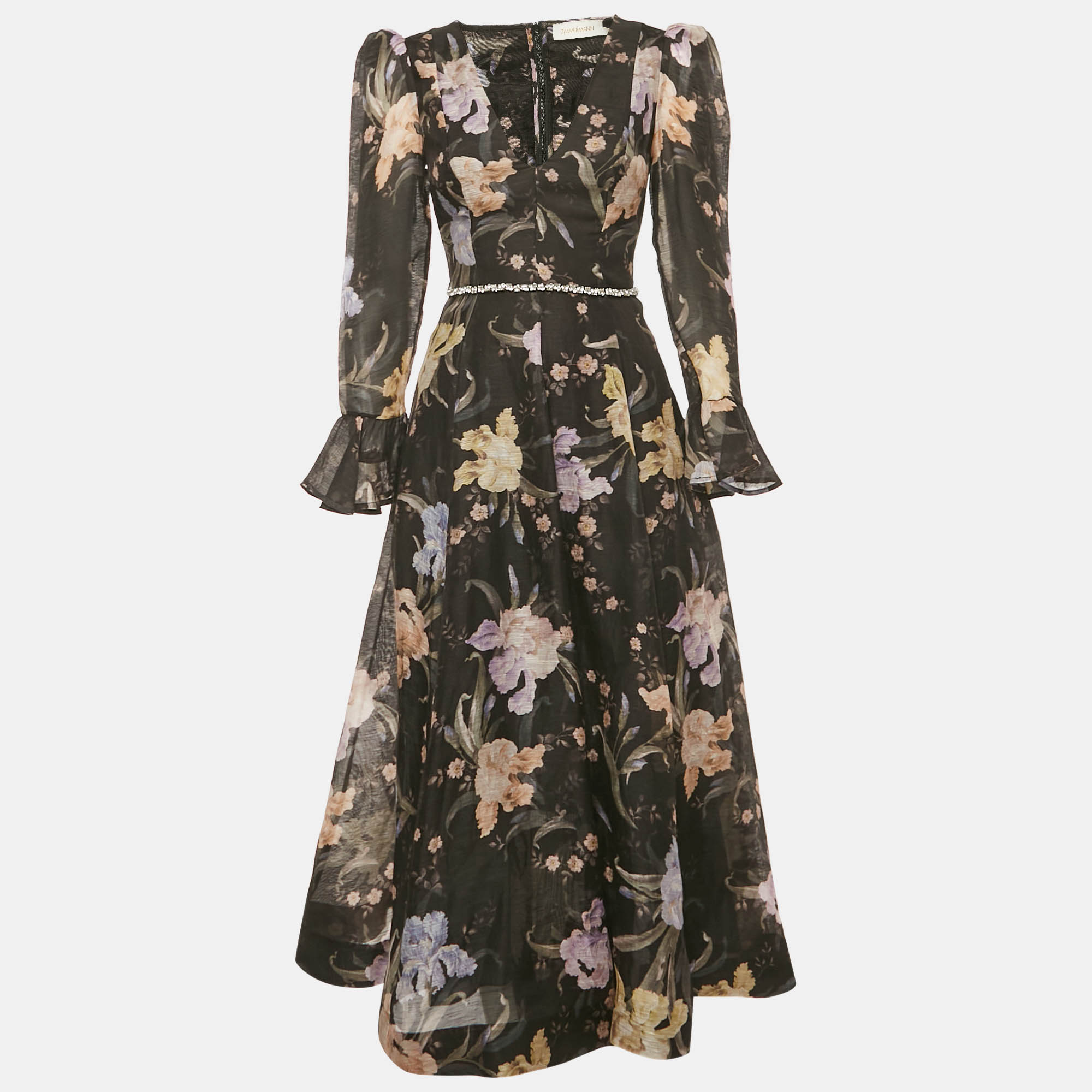

Zimmermann Black Floral Print Silk Blend Eden Midi Dress M
