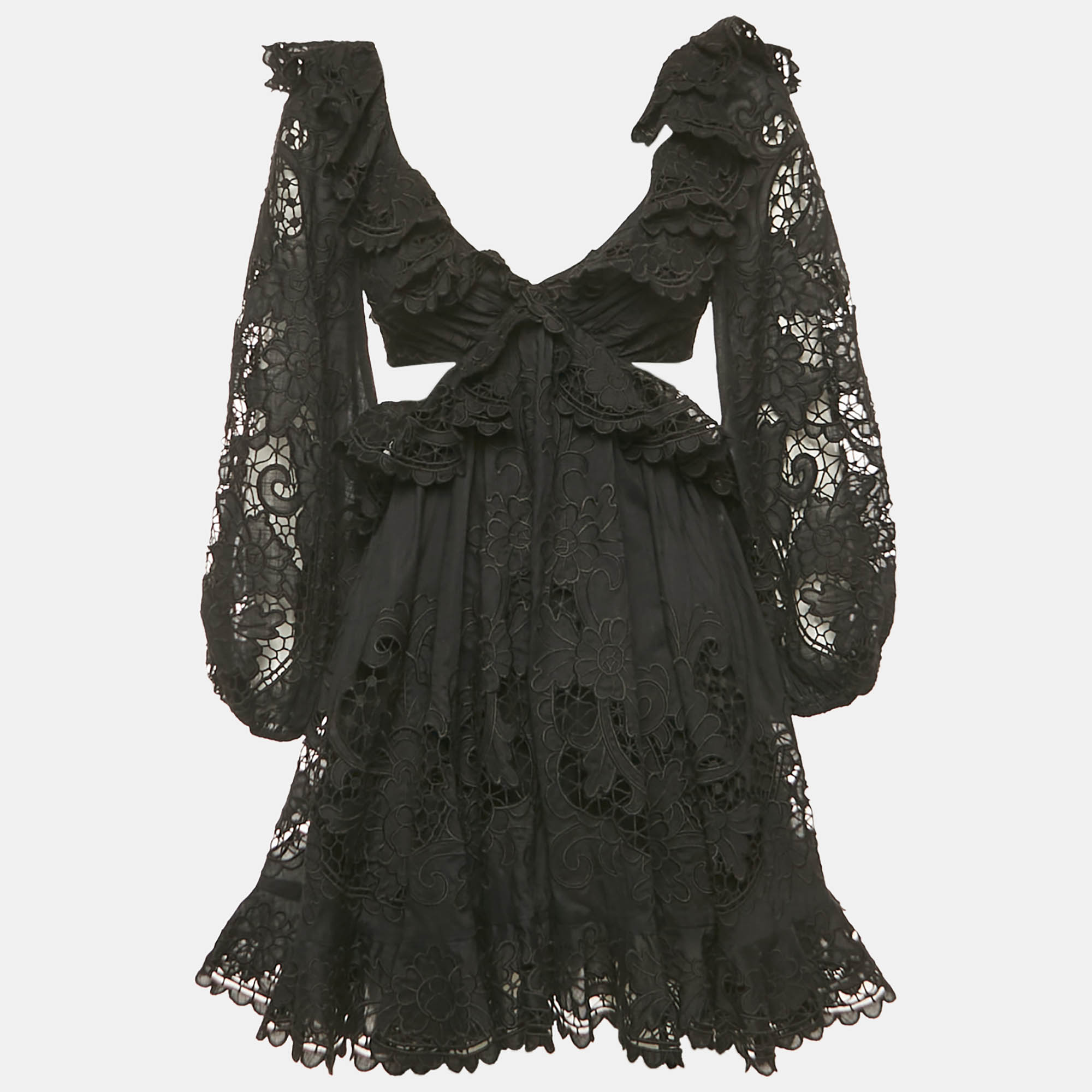 

Zimmermann Black Broderie Anglaise Cut-Out Tie-Up Detail Mini Dress S