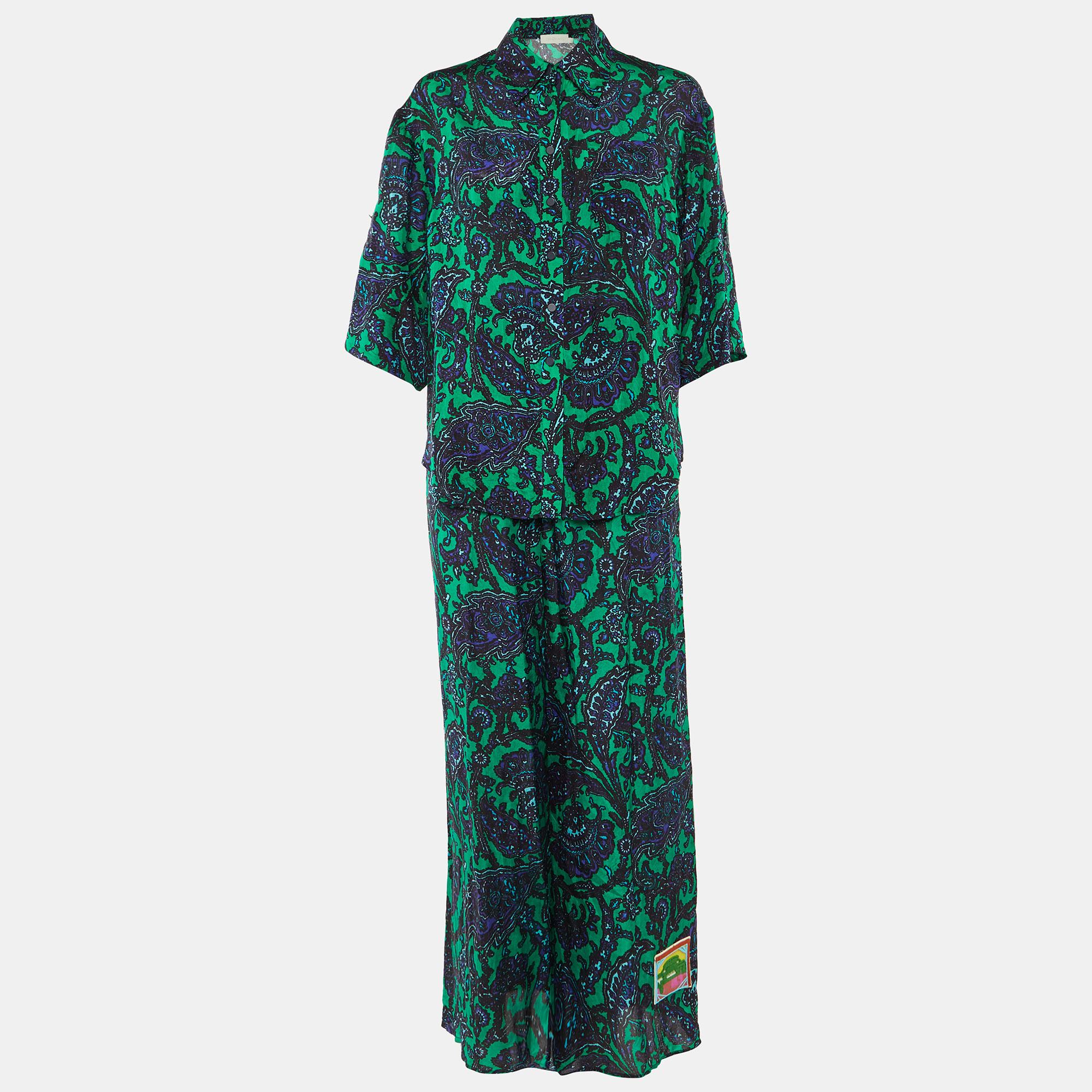 Pre-owned Zimmermann Green Paisley Print Silk Tiggy Shirt & Pants Set M