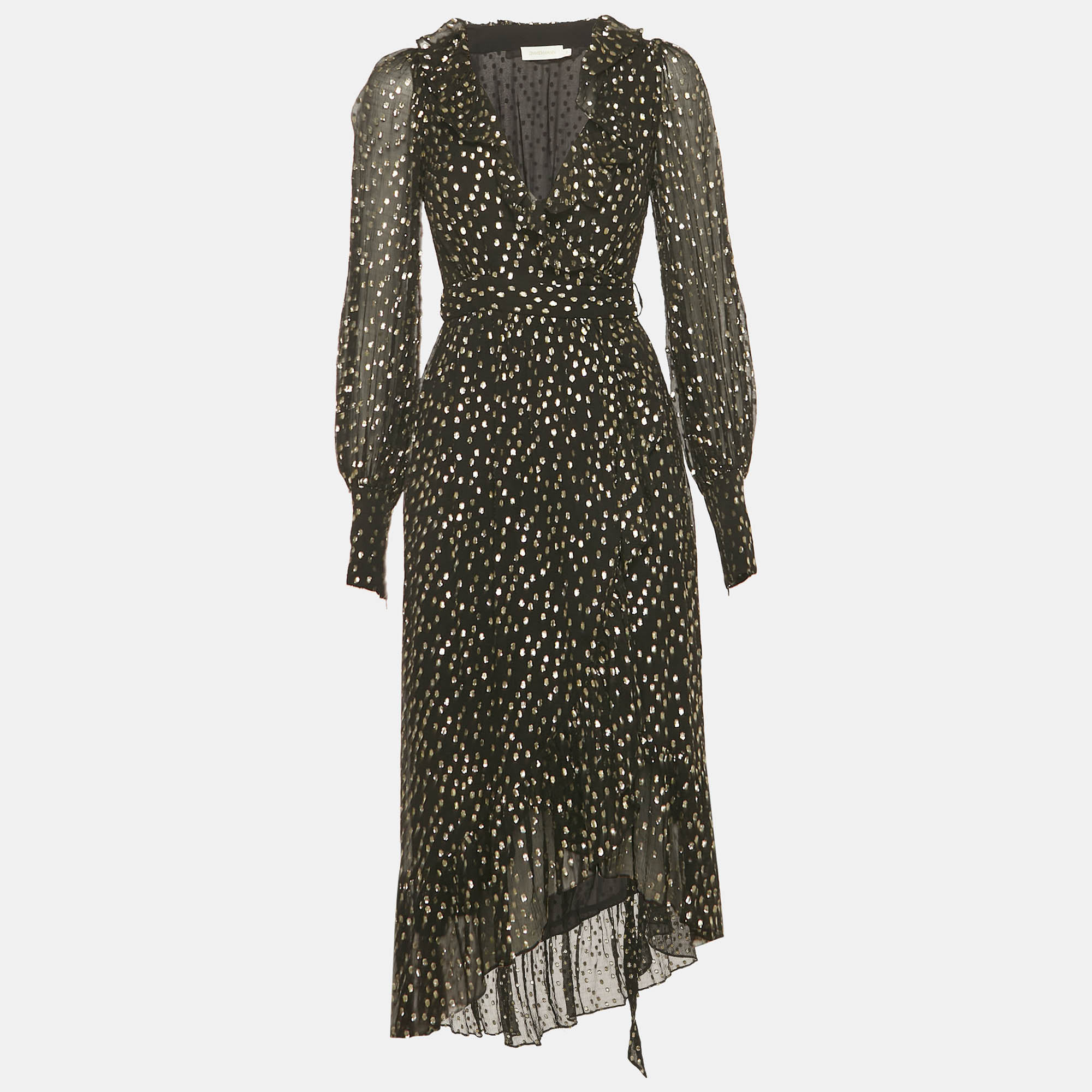 

Zimmermann Black Fil Coupe Silk Wrap Midi Dress S