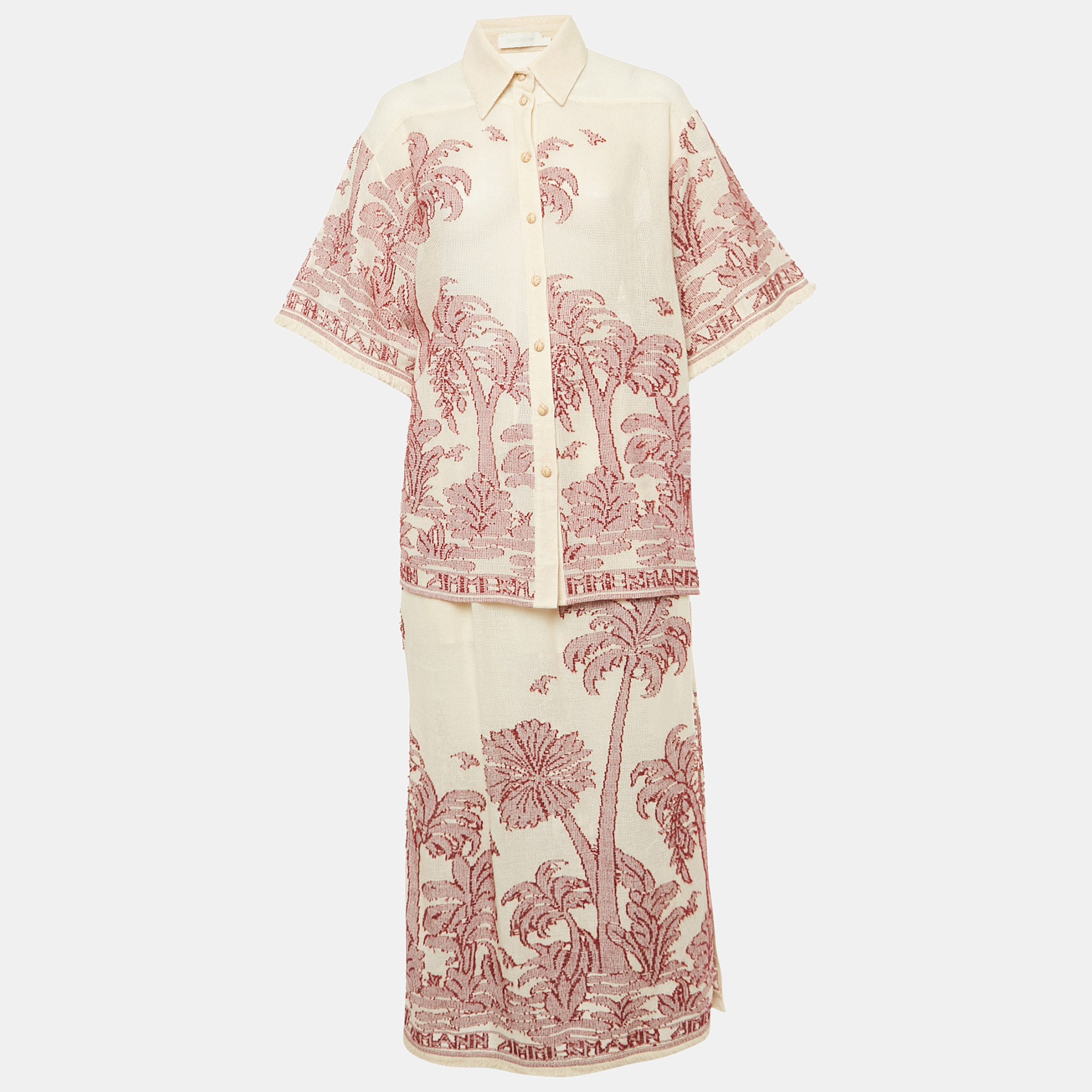 

Zimmermann Beige/Red Ottie Palm-Knit Cotton Shirt and Skirt Set M