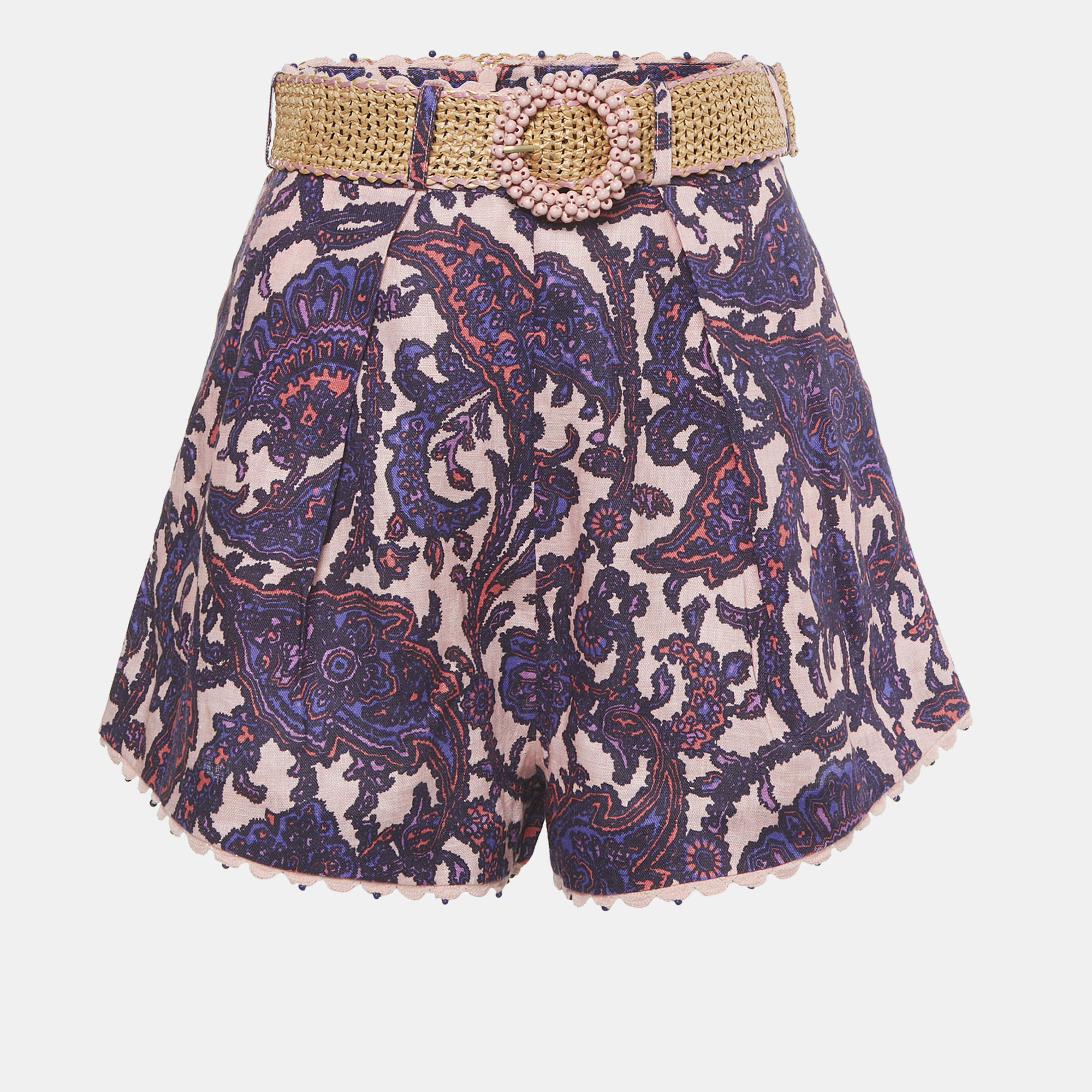 

Zimmermann Pink Paisley Print Linen Bead Embellished Shorts M