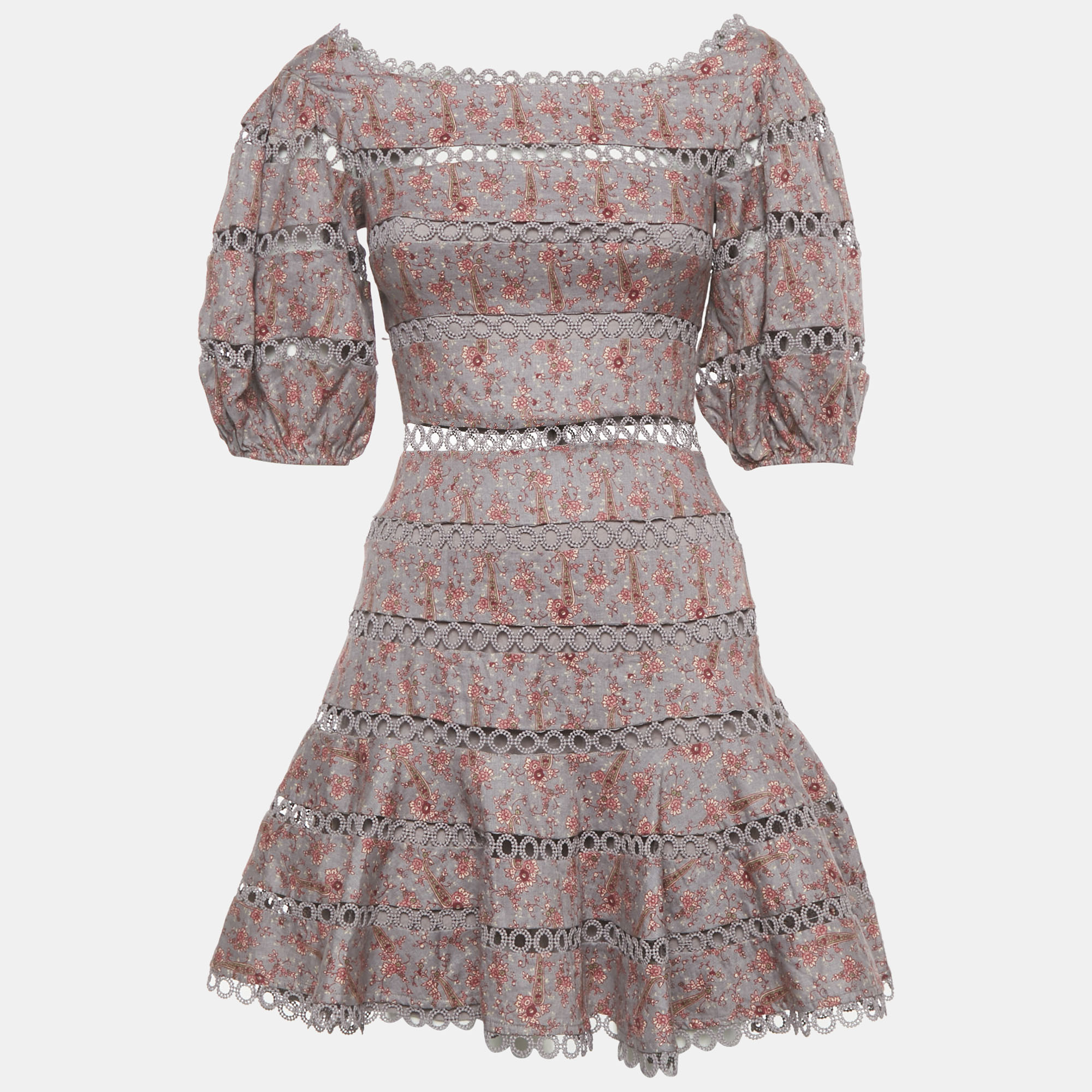 Pre-owned Zimmermann Mauve Floral Print Linen Juniper Mini Dress S In Pink