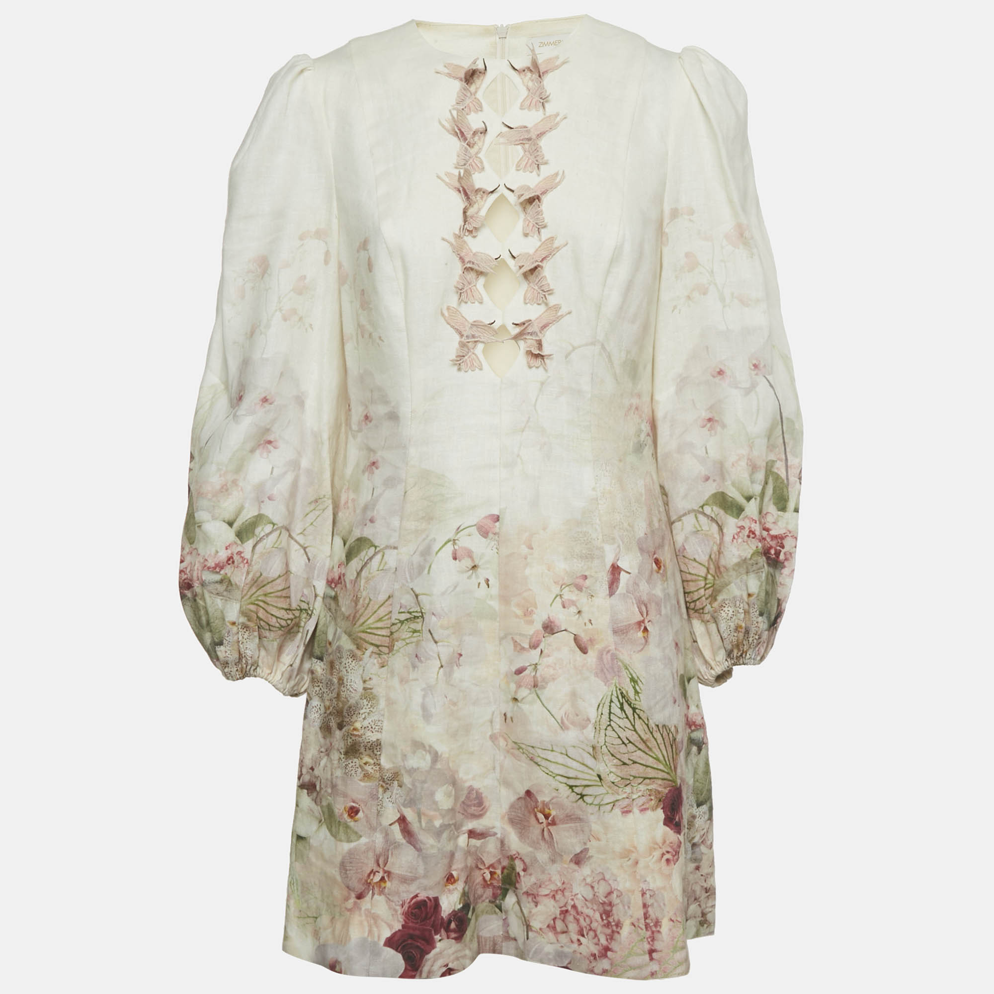 Pre-owned Zimmermann Off-white Floral Print Linen Hummingbird Mini Dress M