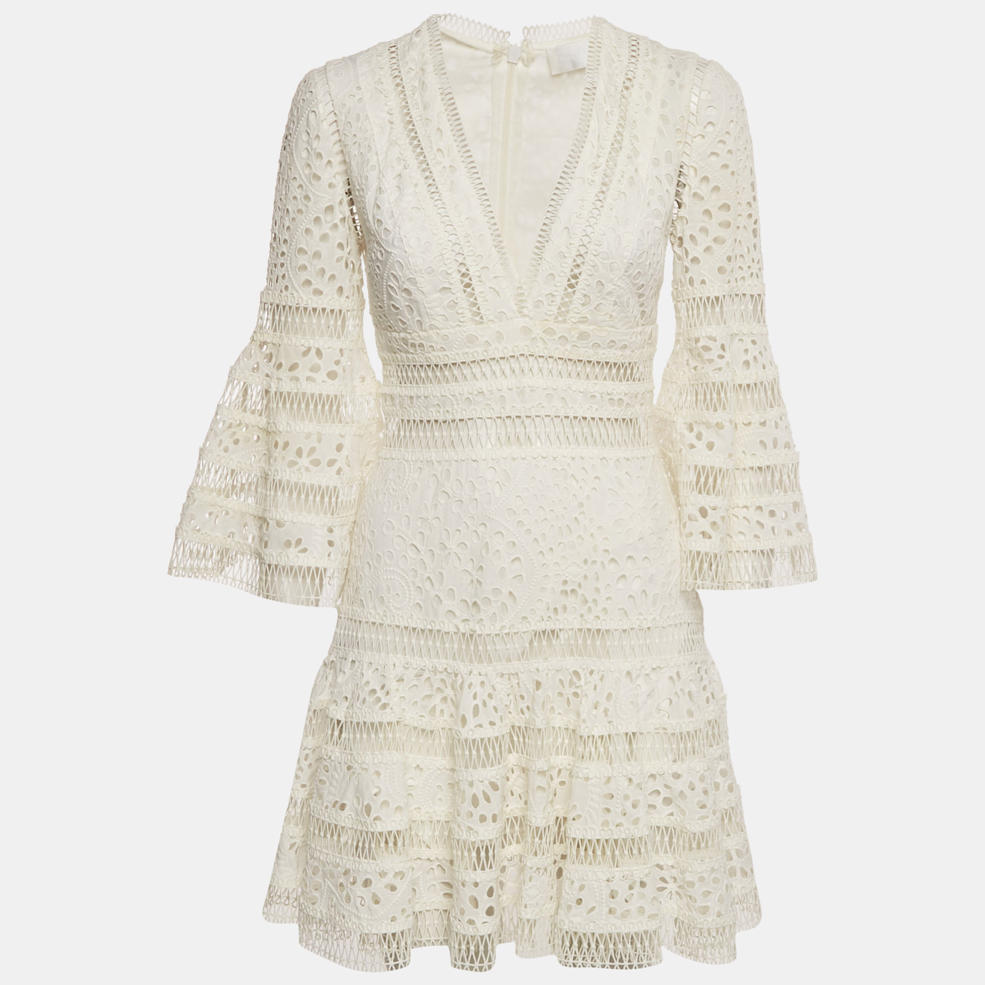 

Zimmermann White Lace V-Neck Flared Mini Dress S
