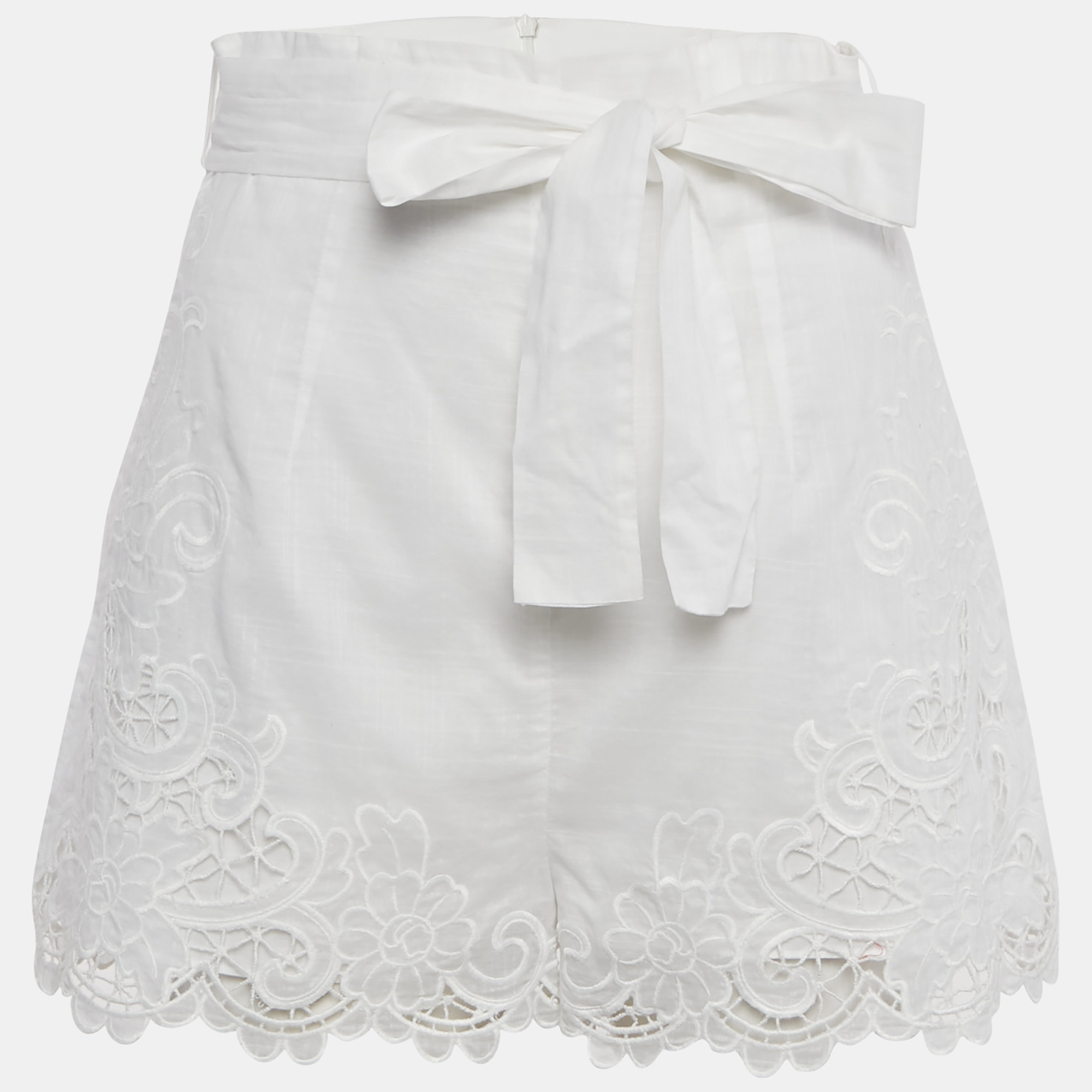 

Zimmermann White Cotton Broderie Anglaise Belted Shorts M