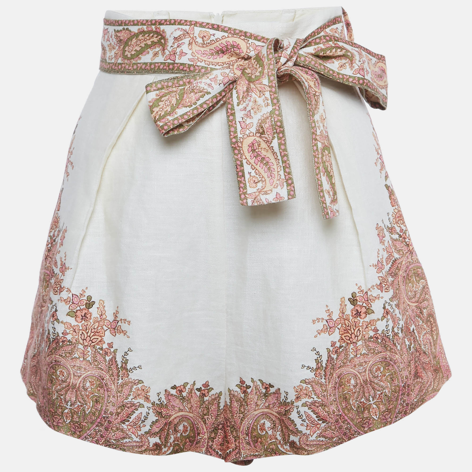 Pre-owned Zimmermann Beige Paisley Print Linen Brighton Tuck Shorts M In Sand